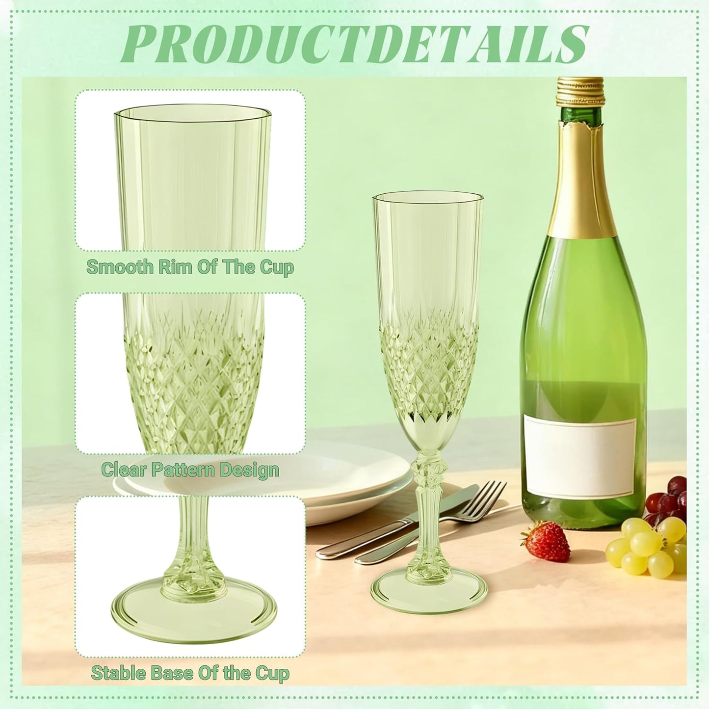 Plastic Champagne Flutes, 12PCS Green Wine Glasses Goblets Cups Reusable Flute, for Weddings Bachelor Parties Toasting and Events(12, Green)