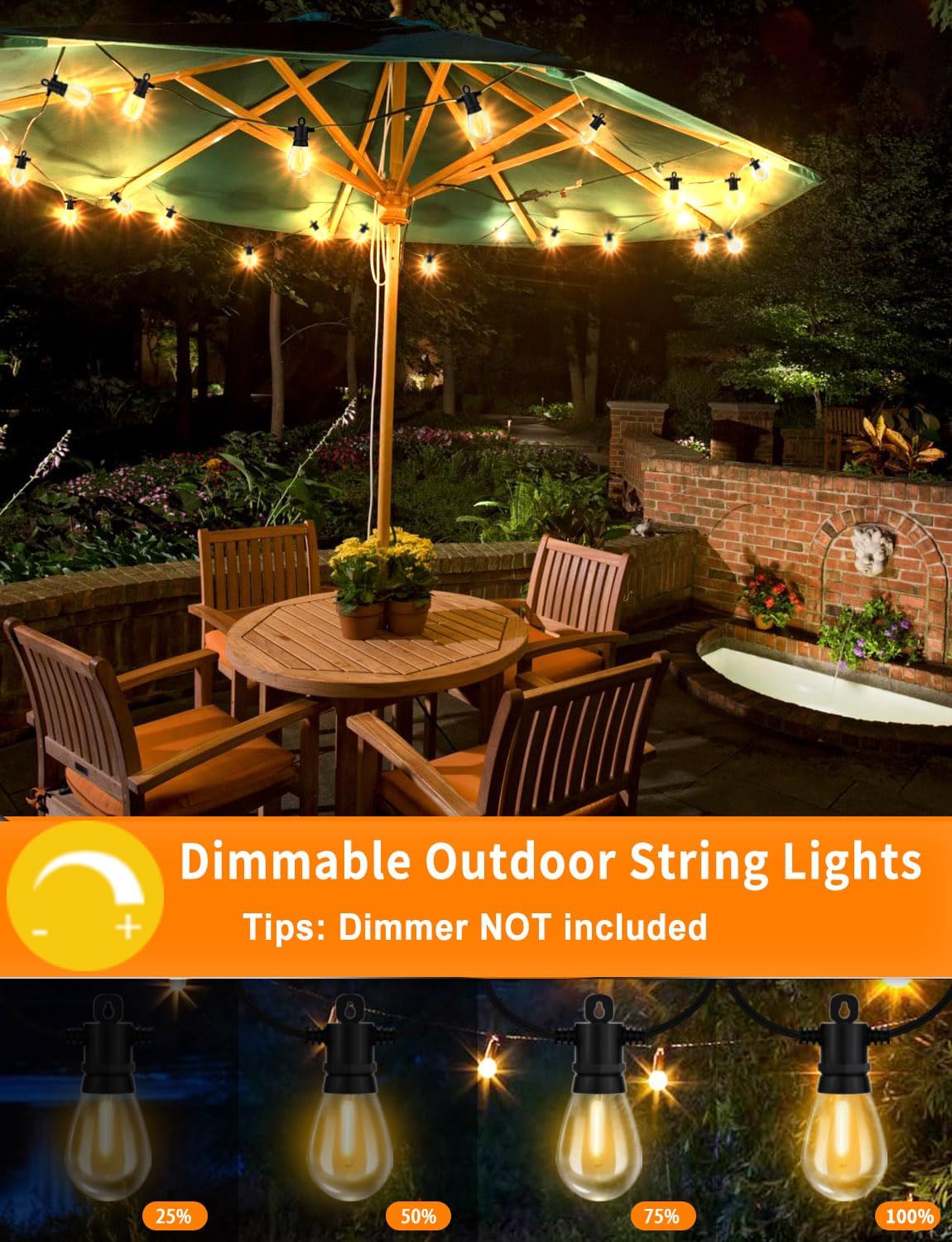 Achin 26FT LED Outdoor String Lights, Patio Lights Waterproof with 13+1 S14 Edison Shatterproof Bulbs, 2200K Dimmable Outside Hanging Lights, String Lights for Outside Backyard Bistro Market Pergola