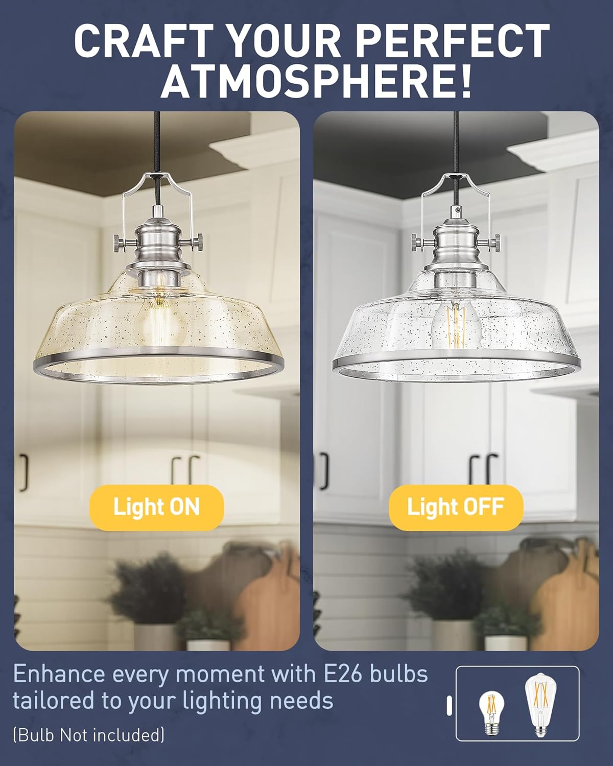 kudos Brushed Nickel Pendant Lights Kitchen Island, Large Pendant Light with Seeded Glass, Industrial Hanging Lighting for Kitchen Sink Dining Room Bathroom,KDPL13-BN-S