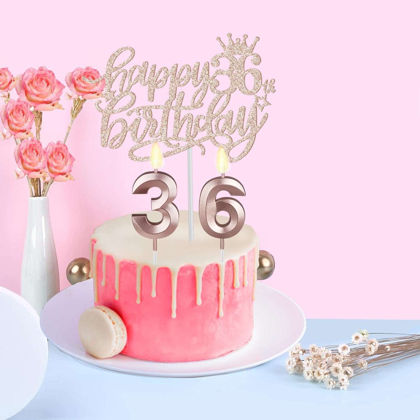 36th Birthday Decorations for Women Including Birthday Sash, Tiara/Crown, Numeral Candles and Cake Topper, Gifts for 36 Year Old Woman, Rosegold Party Decor and Supplies