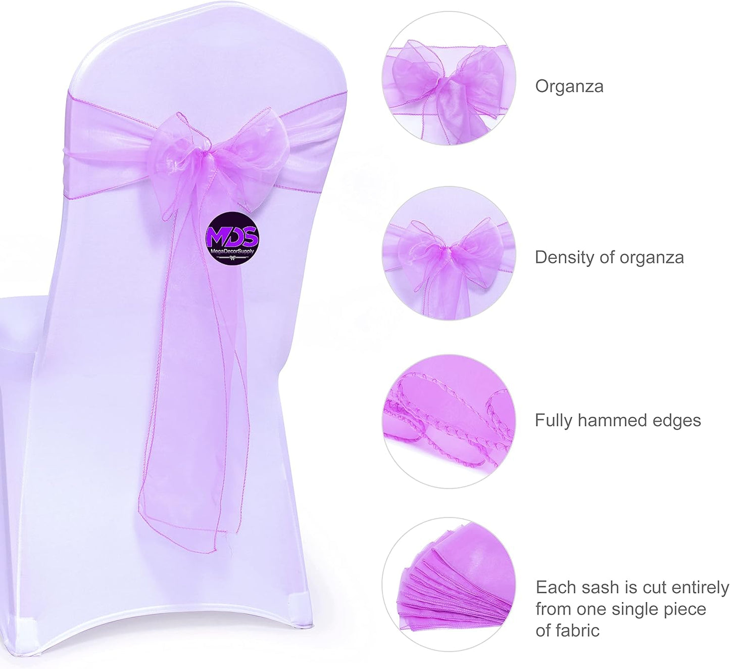 MDS Pack of 125 PCS Organza Chair Sashes Wider Dining Chair Bows Ribbon Tie Back for Wedding Party Birthday Bridal Shower Reception Event Banquet Home Chair Cover Decoration - Light Purple