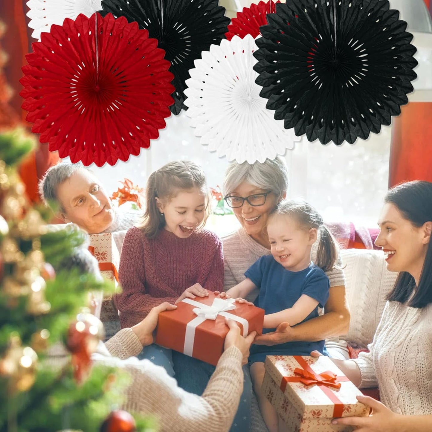 18 Pcs Black Red White Hanging Honeycomb Paper Fans, Round Paper Fan Decorations for Weddings, Birthdays, Bachelorette, Photo Booth Backdrops, Baby Shower, Anniversary Events Party Supplies