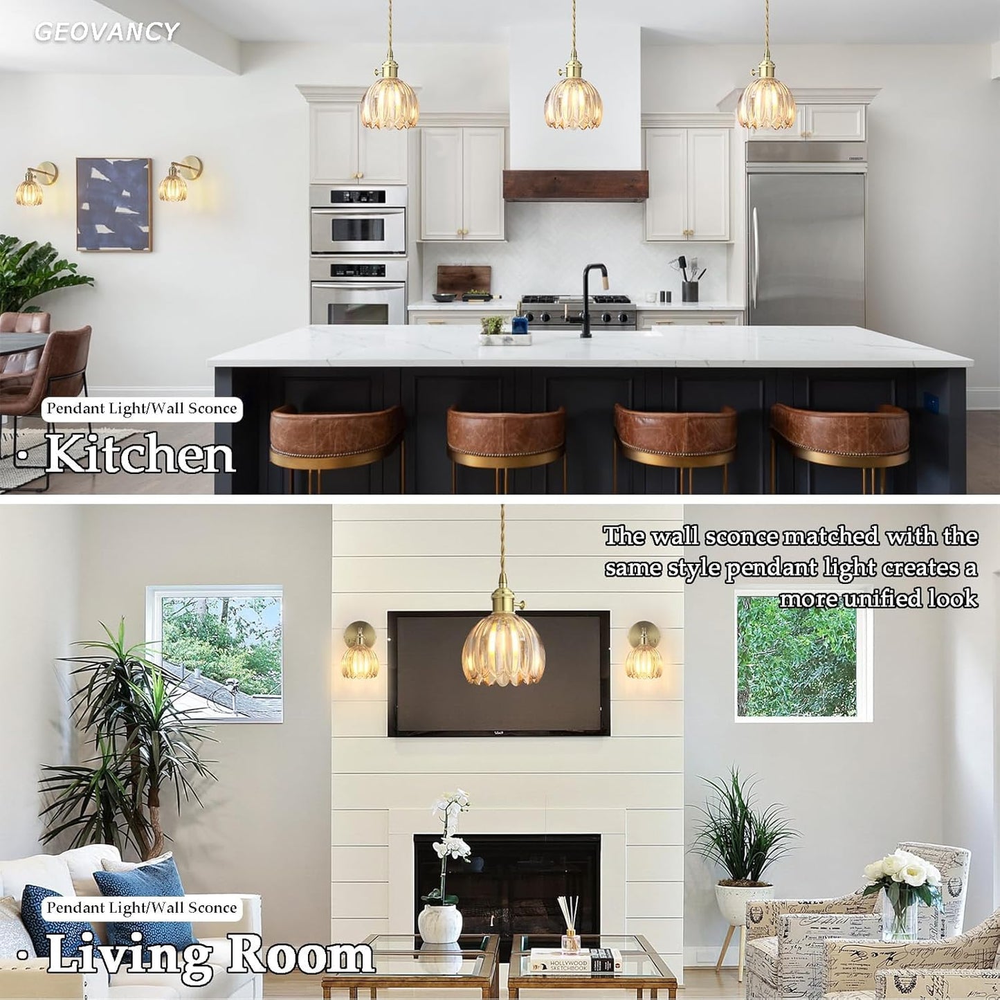 Vintage Gold Pendant Light, Pendant Light Fixtures with 70 Inch Cord and Amber Tulip Glass Lampshade, Ideal for Kitchen Island, Dining Room, Bedroom, Living Room & Entryway (Hardwired)