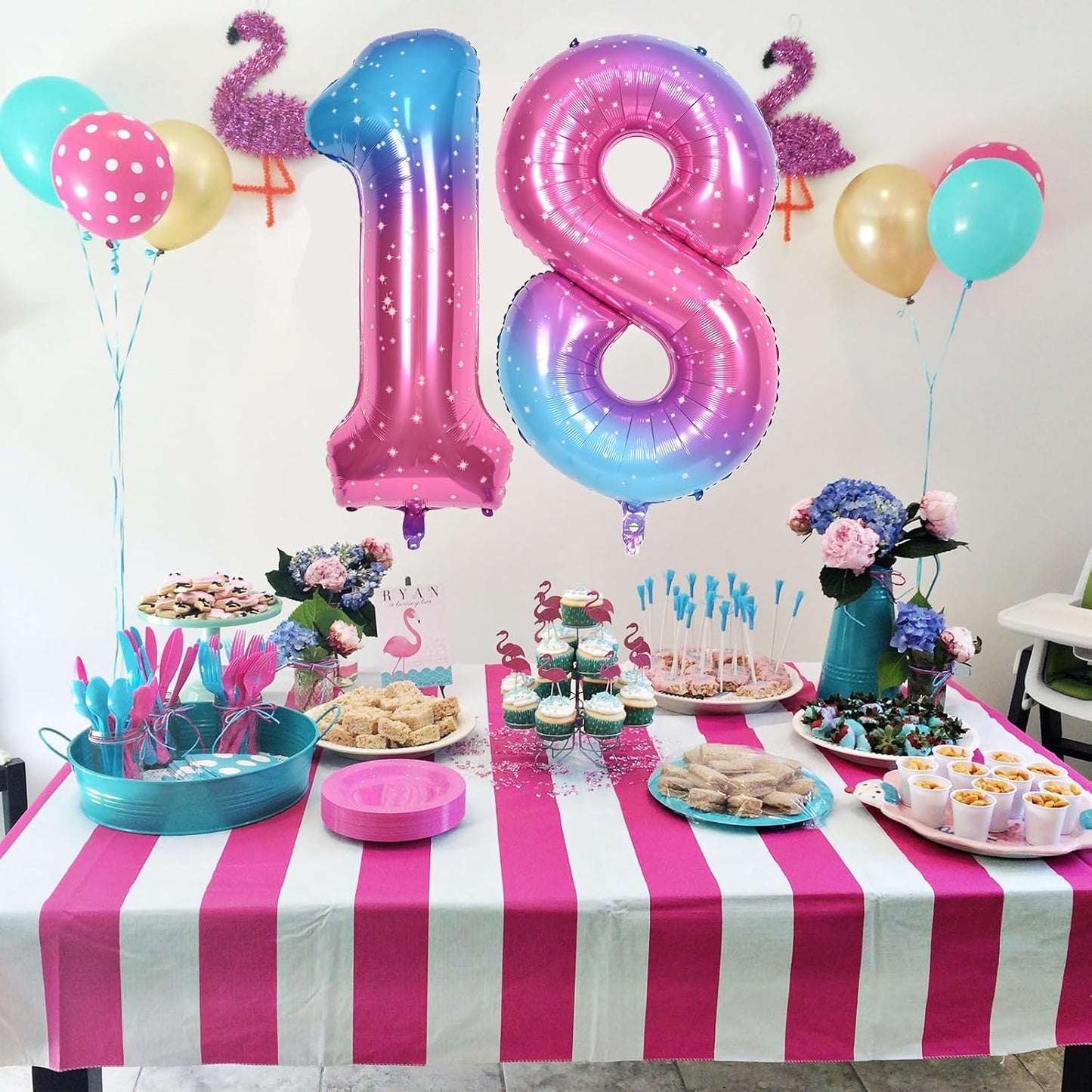 40 Inch Rainbow Foil Balloon Number 8, Giant Self Inflating Gradient Blue Pink Number Balloons 0-9 for Women, Starry Print 8 Helium Balloons Set for Girls 8th Birthday Party Decorations Supplies