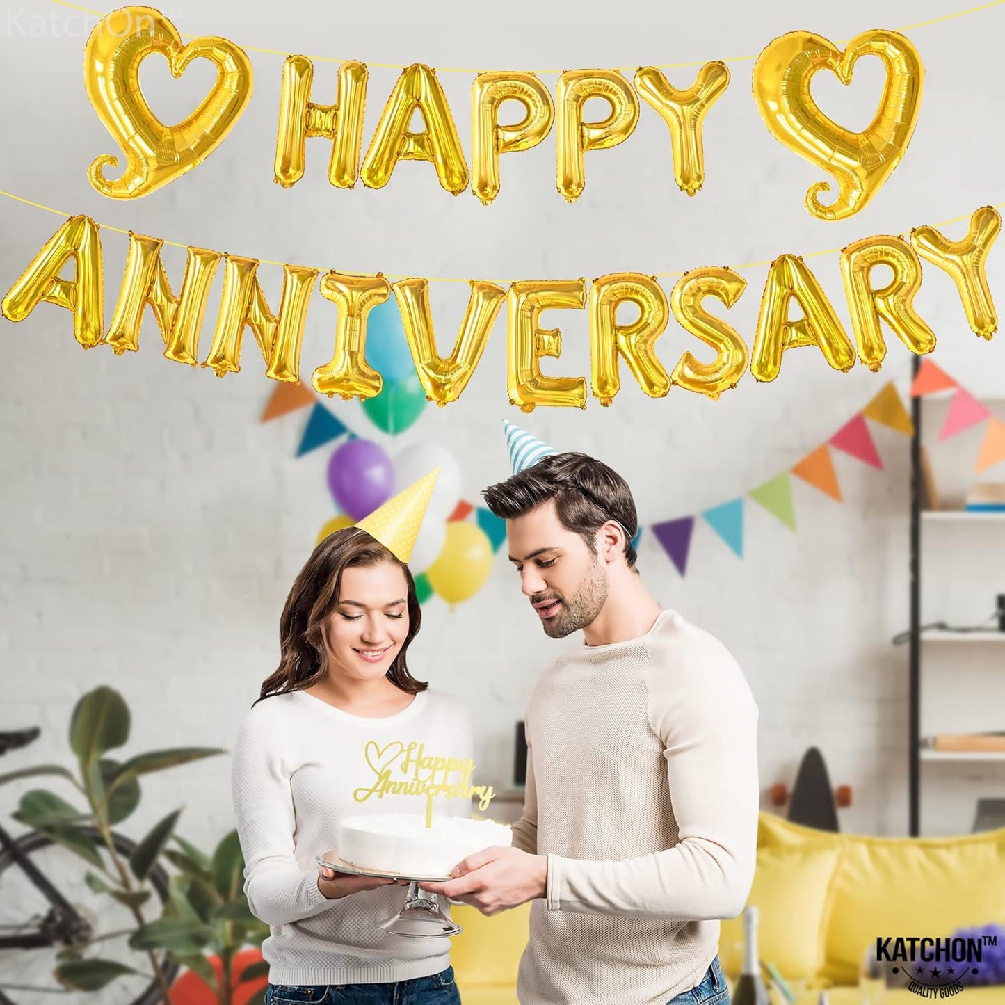 KatchOn, Gold Happy Anniversary Balloons Letters - 18 Inch, Heart Balloons Foil | Gold Happy Anniversary Banner for happy anniversary Decorations