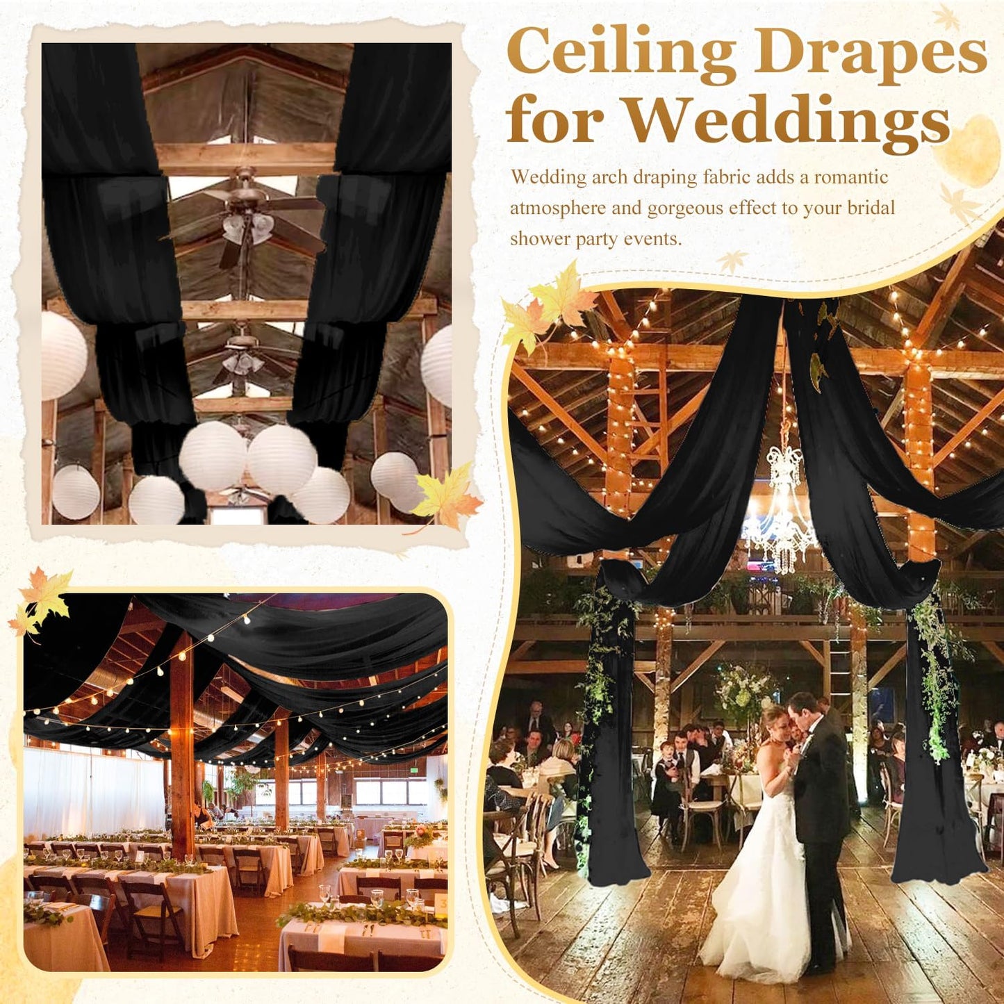 MODFUNS Black Ceiling Drapes Wedding Arch Draping Fabric 5x20ft 6 Panels Chiffon Sheer Ceiling Curtain Elegant Ceiling Draping Fabric for Wedding Ceremony Party Ceiling Decoration