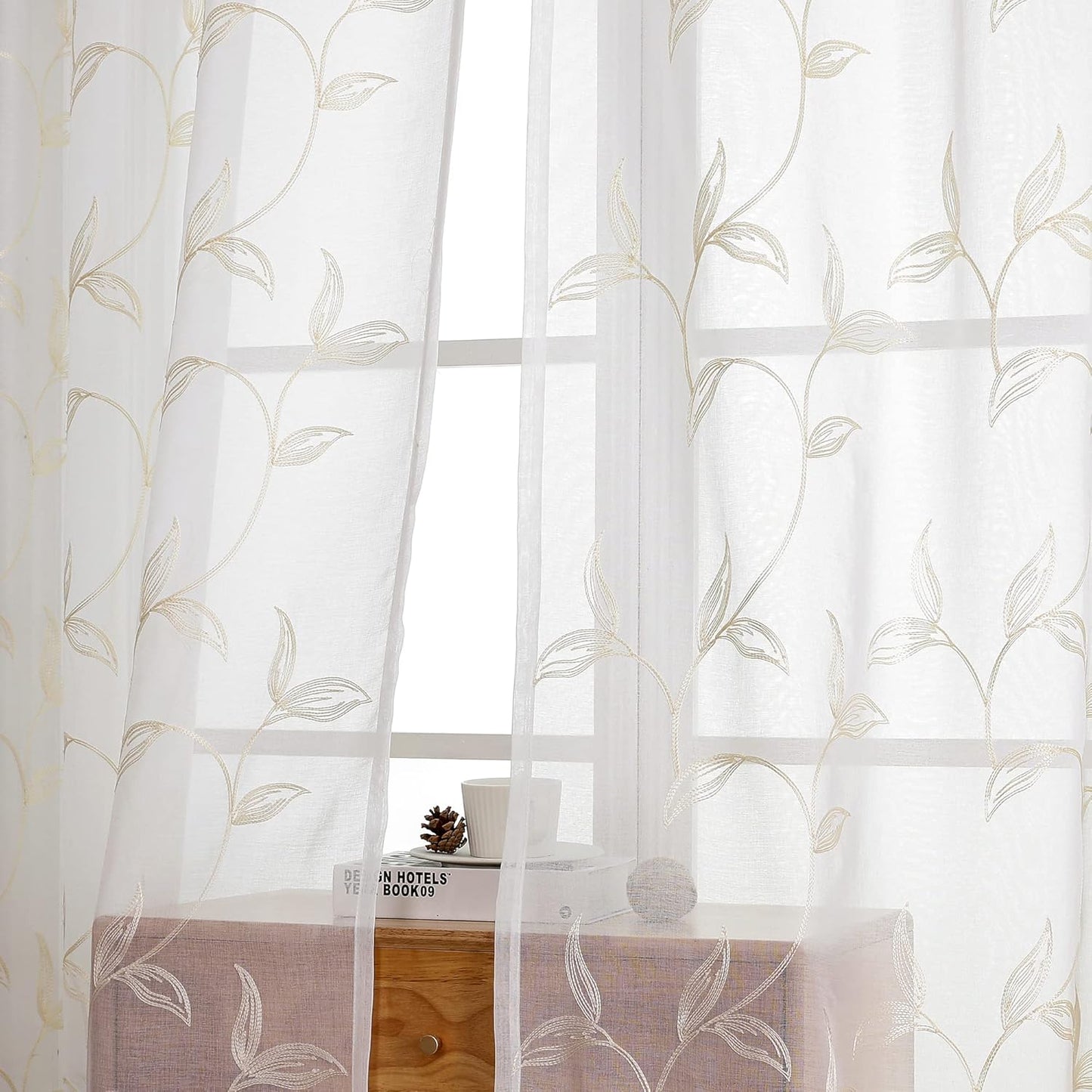 VISIONTEX Sheer Curtains 84 inch Length 2 Panels Set, White Voile Crushed Cream Vine Leaves Embroidery, Rod Pocket Embroidered Window Drapes for Living Room and Bedroom, 54" x 84"