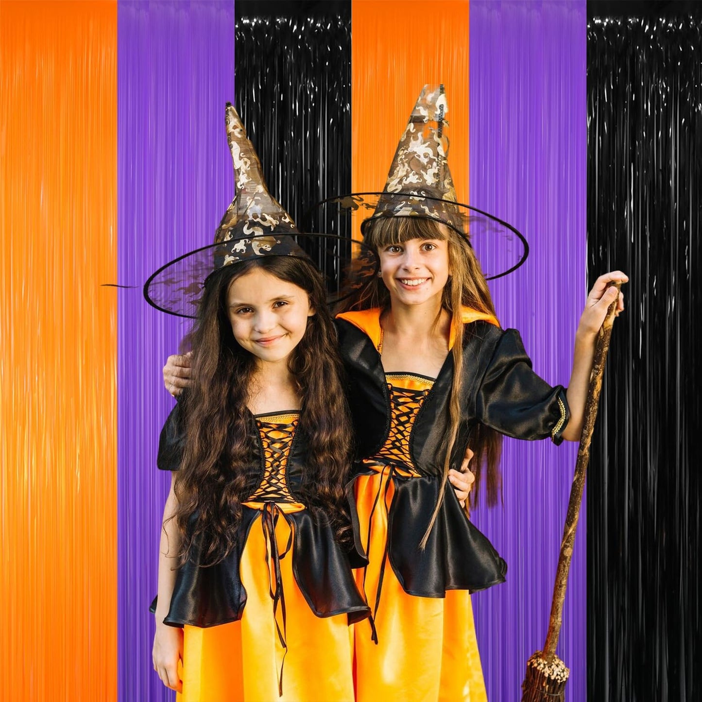 GOER 3.2 ft x 8.2 ft Metallic Tinsel Foil Fringe Curtains for Halloween Birthday Graduation New Year's Party Decorations(1 Pack,Black&Orange&Purple)