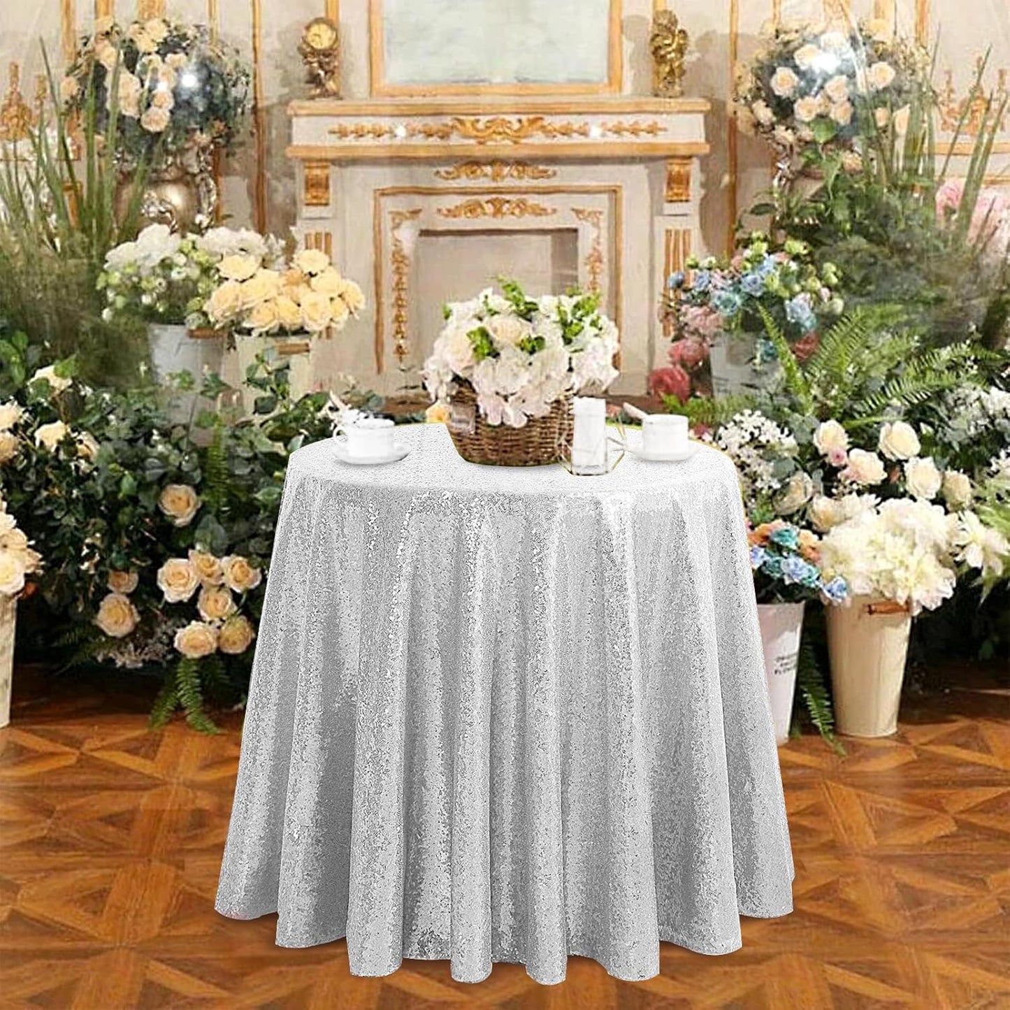 OQSQ Silver 50" Round Sequin Tablecloth, Glitter Tablecloth for Bridal Shower Decorations, Birthday, Wedding, Dessert, Banquet(50X50 inch Round,Silver.