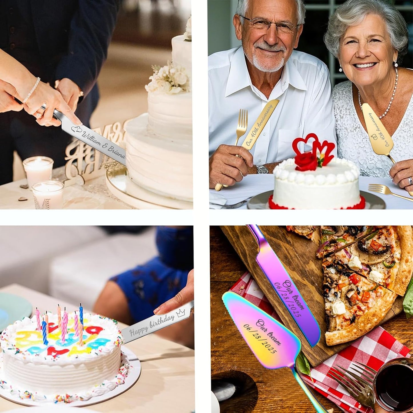 Personalized Wedding Cake Knife and Server Set, Custom Names Cake Cutting Set with Stainless Steel Forks, Customized Bridal Anniversary Birthday Wedding Registry Gifts for Couple (Rose Gold)