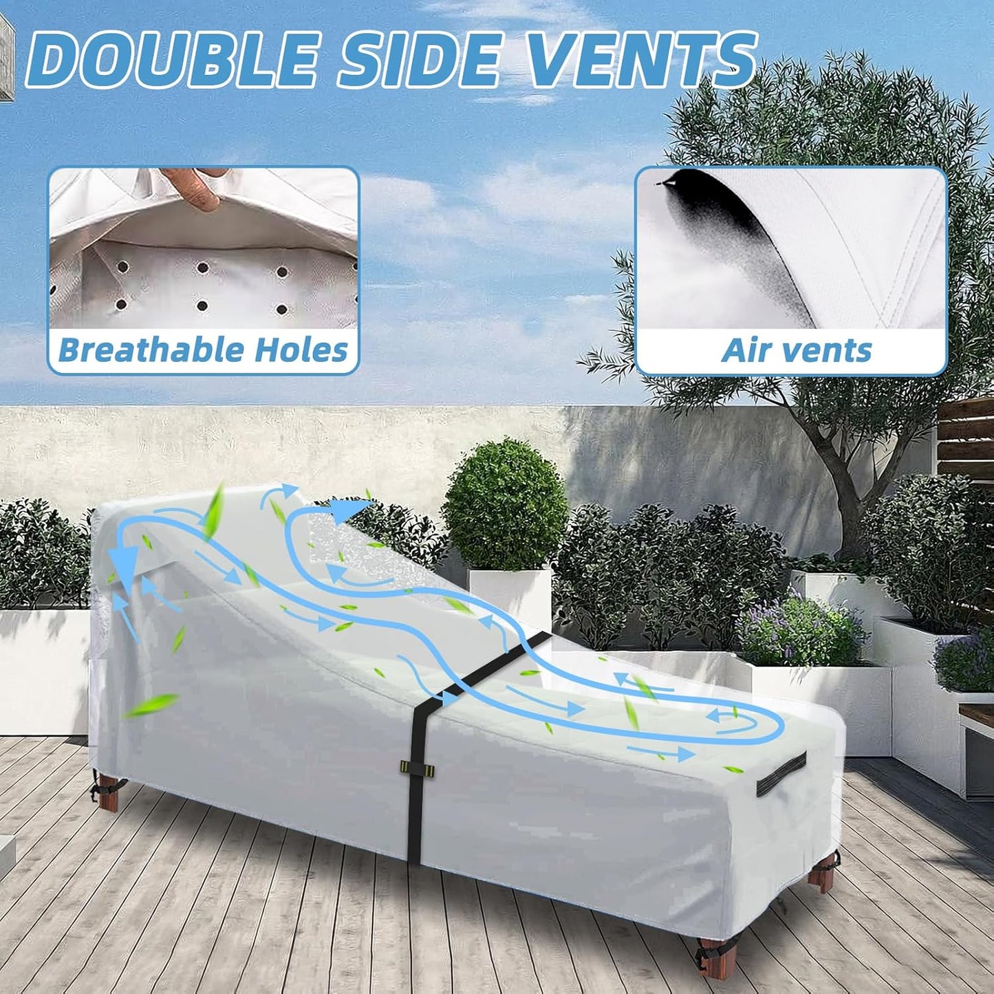 Patio Chaise Lounge Cover with Handles, Outdoor Lounge Chair Cover Waterproof UV Resistant, Patio Furniture Covers with Air Vent (84L x 32W x 32H) inch