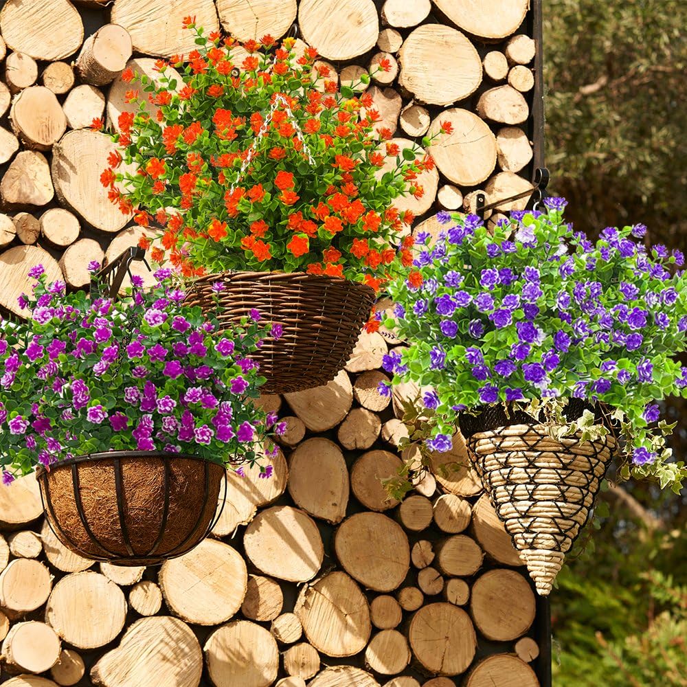10 Bundles Artificial Fake Flowers, Faux Outdoor Plastic Plants UV Resistant Shrubs Outside Indoor Decorations (Orange-Eucalyptus)