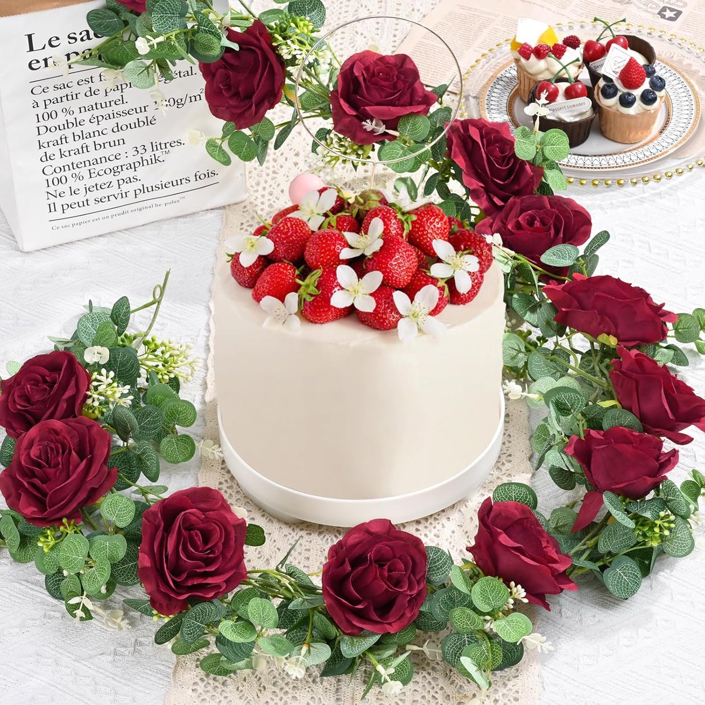 Dolicer 2Pcs 13Ft Artificial Eucalyptus Garlands with Flowers - 8 Roses, Faux Floral Greenery Garlands Fake Flowers Vines for Wedding Table Centerpieces Arch Party Ceremony Backdrop Decor (Red)