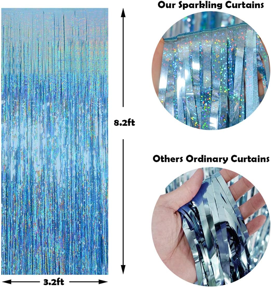 Foil Fringe Curtains Party Decorations - Melsan 3 Pack 3.2 x 8.2 ft Tinsel Curtain Party Photo Backdrop for Birthday Party Baby Shower or Graduation Decorations Light Blue