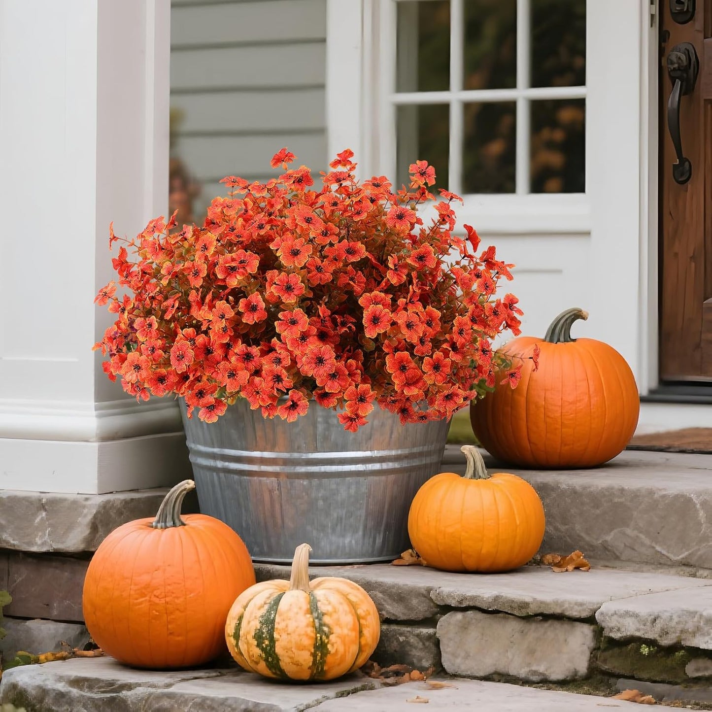 Hananona 24 Pcs Artficial Outdoor Flowers with Hanging Baskets, Orange Fall mums 2 Pack Hanging Planter with Outdoor Fall Flowers for Autumn Porch Garden and Home Patio Yard Decor (2, Orange)