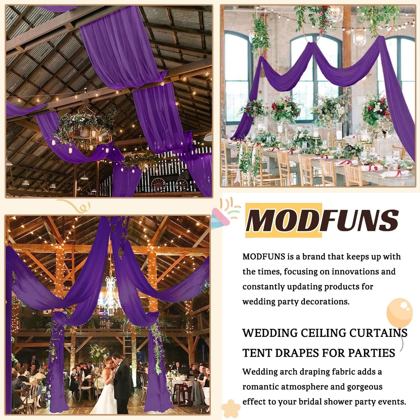 MODFUNS Ceiling Drapes for Weddings Purple Chiffon Sheer Ceiling Curtain 4 Panels 5FTx20FT Wedding Arch Draping Fabric Chiffon Backdrop Curtains Tulle Arbor Drapery Party Stage Ceremony Ceiling Sheer