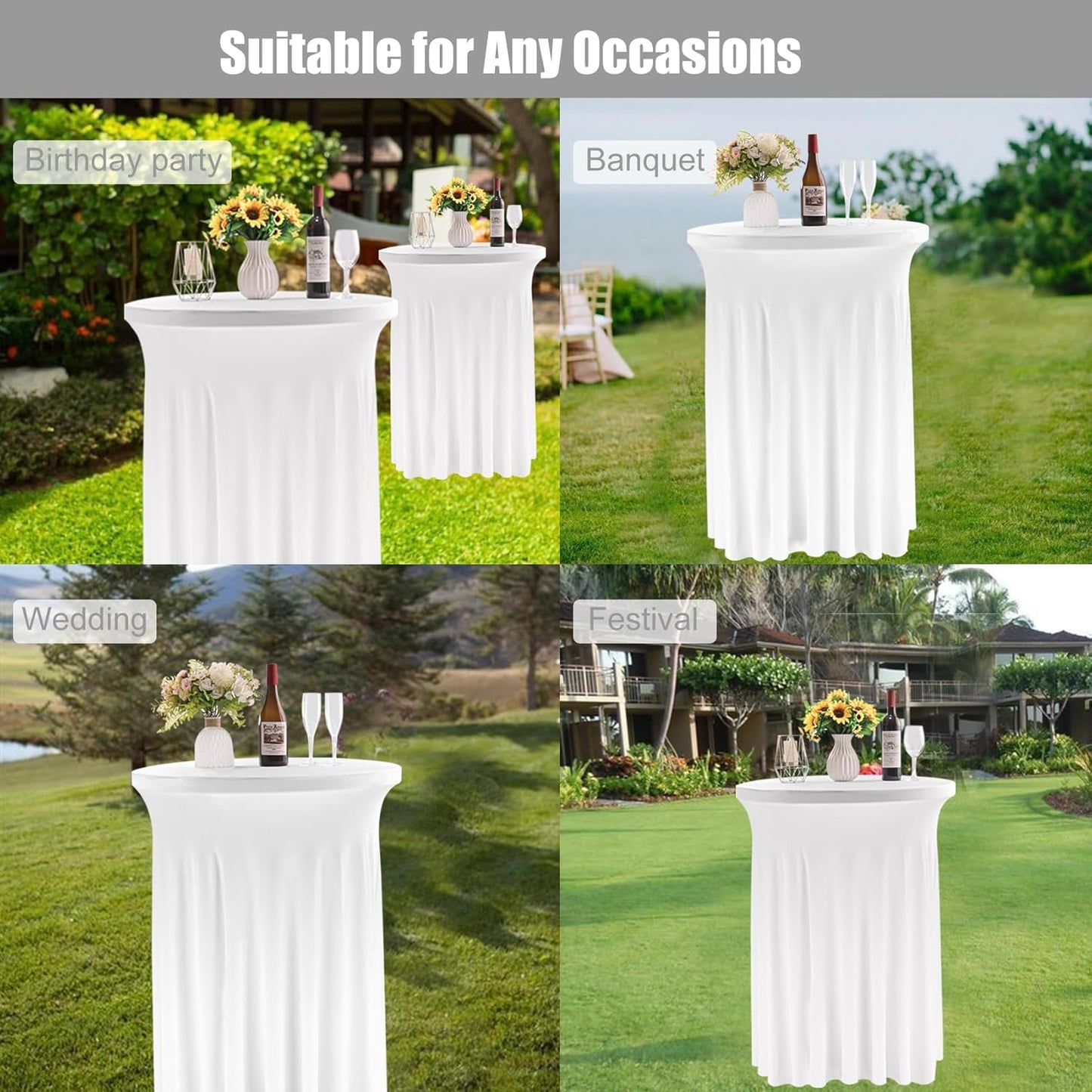 6 Pack Round Cocktail Tablecloth 32"x 43" Spandex Cocktail Table Skirt, Washable Stretch Fitted Table Covers for High Top Bar,Wedding,Party,Events (White)