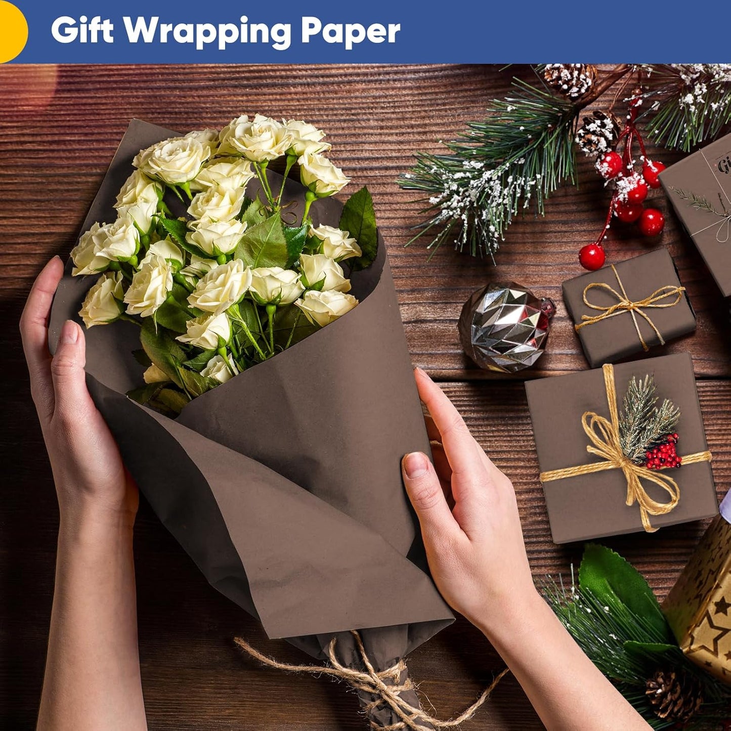 Vanhench 30"×1200" (100') Kraft Wrapping Paper Roll, Bouquet Flower Paper, Chocolate Brown Packing Paper for Wedding/Birthday/Holiday/Father's Day Gift Wrapping