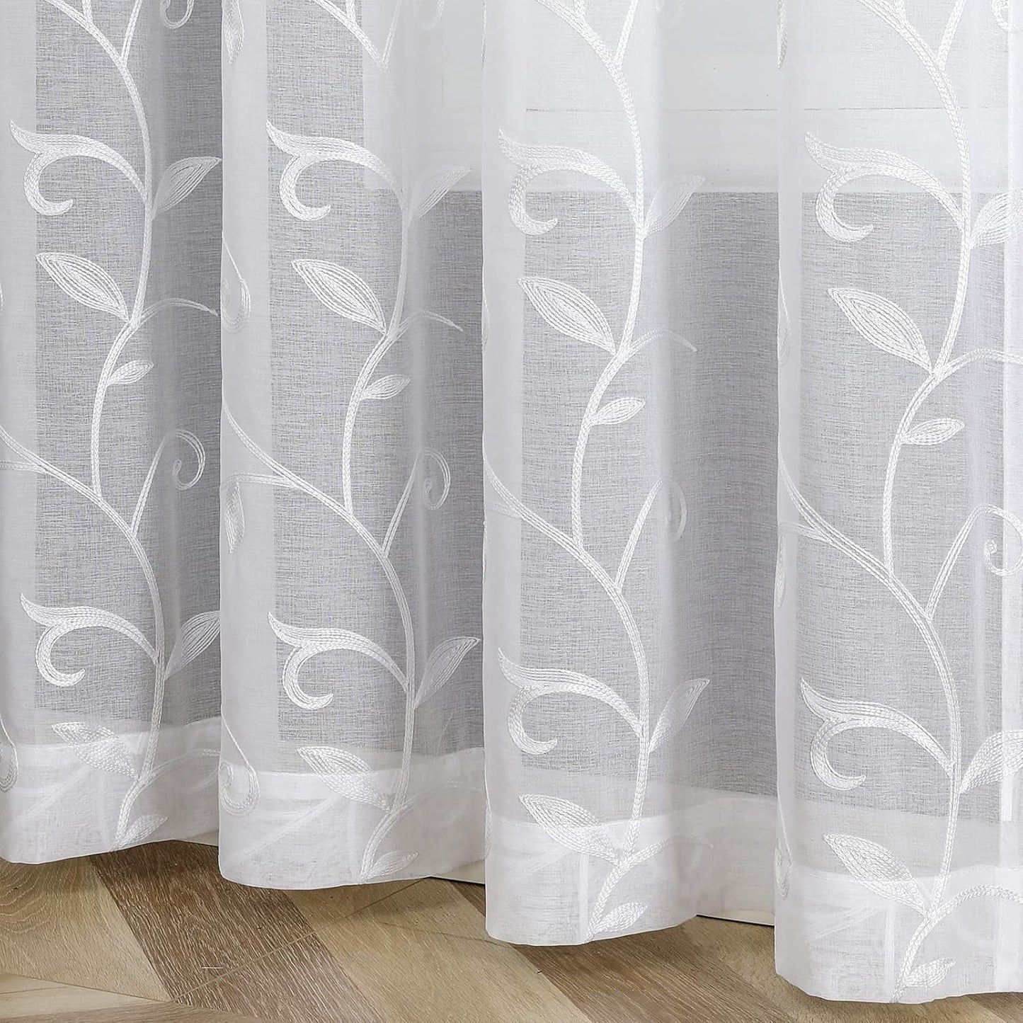 VISIONTEX White Leaves Sheer Voile Curtains, Decorative Embroidery Rod Pocket Window Drapes for Home Living Room and Bedroom 54 x 95 Inch, Set of 2 Curtain Panels