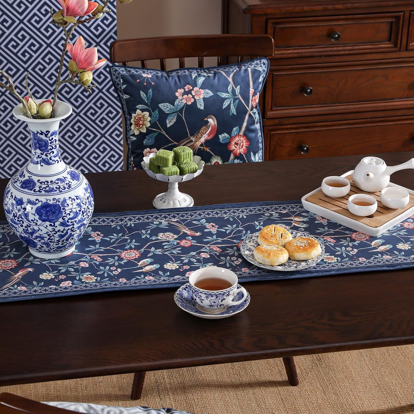 patdrea Vintage Chinoiserie Floral Table Runner Farmhouse for Home Kitchen Dining Decor Parties Family Dinners 12"*63"