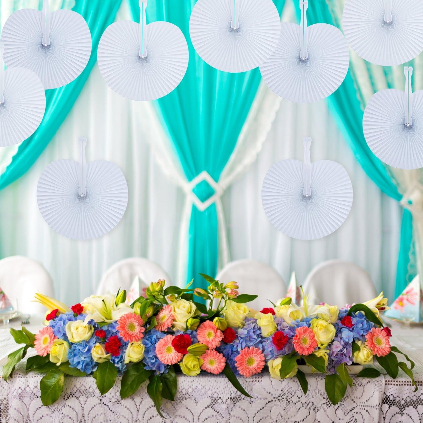 Pangda 24 Pack Folding Fans Round Paper Fans Assortment with Plastic Handle for Wedding Favor Party Bag Filler(White)