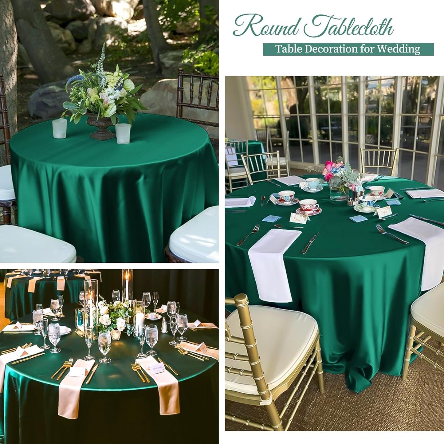 6 Pack 108 Inch Hunter Green Satin Tablecloth - Premium Bright Silky Round Tablecloth Overlay Smooth Fabric Table Cover, Table Decoration for Wedding Party Banquet Events Restaurant Kitchen Dining