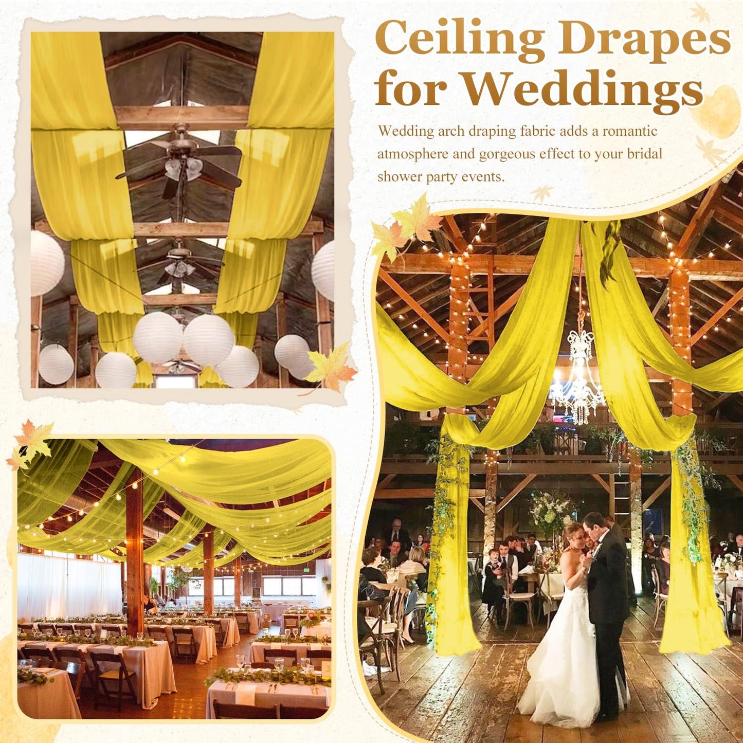 MODFUNS Ceiling Drapes for Parties Gold Ceiling Draping Fabric 5x20ft 4 Panels Sheer Wedding Arch Drapery Chiffon Stage Curtain Tent Ceiling Drape for Reception Banquet Arbor Ceiling Decoration