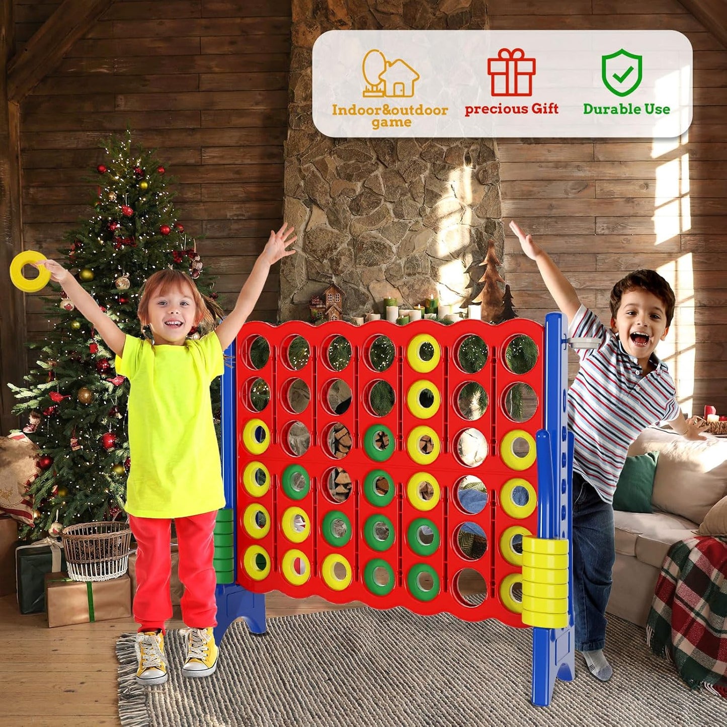 Oversized 4 in a Row Connect Game+Waterproof Carry Bag,Included-4 ft X 3.5 ft Tall,4-to-Score Jumbo with 44 Pieces Rings&Drink Holder,48” Super Size-Indoor&Outdoor Giant 4 Game for Kids&Adults