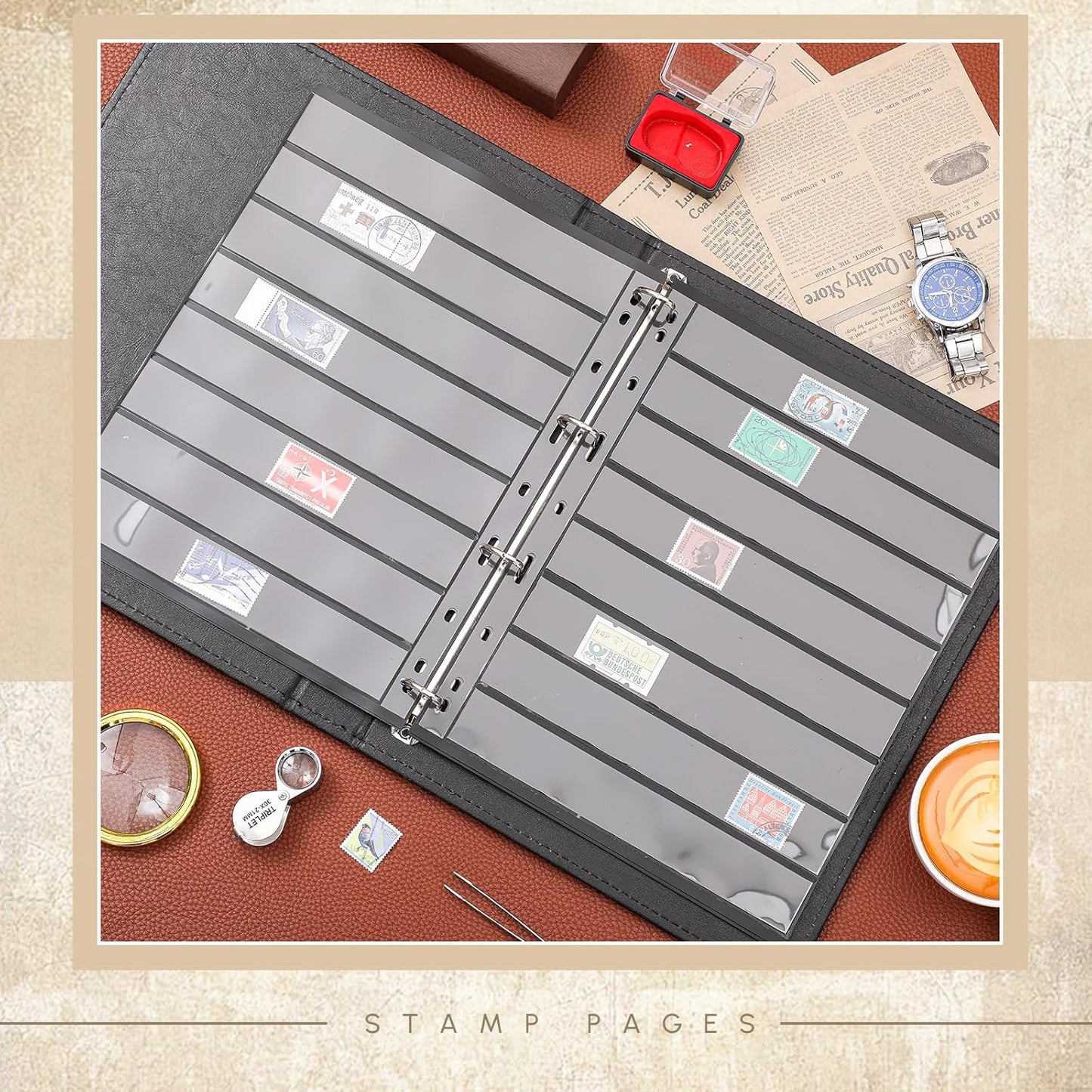 Lewtemi Stamp Collecting Albums Set Stamp Collection Book Include 20 Pages Album Binder Tweezer and Loop Magnifier Collecting Supplies for Collectors (Black,5/6/7/8 Rows)