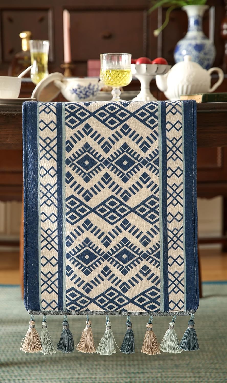 Chinoiserie Small Blue Stripe Cloth Runner for Table,Decorative Linen 63 Inches Long Table Runners,Decor Tabletop for Kitchen,Dining,Party,Home,Christmas,12"*63"