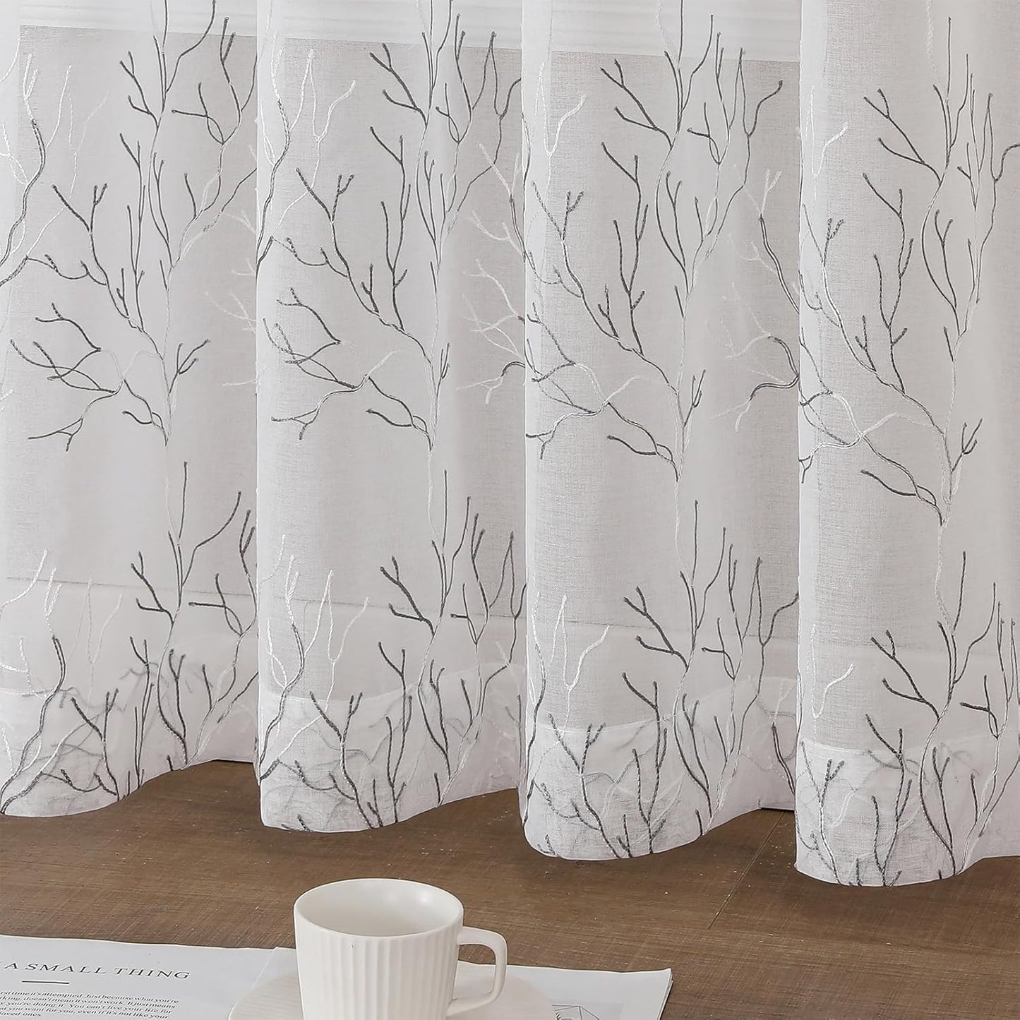 VISIONTEX Sheer Curtains 95 inch Length 2 Panels Set, Decorative Grey Coral Embroidery, Rod Pocket Embroidered Window Drapes for Living Room and Bedroom, 54" x 95"