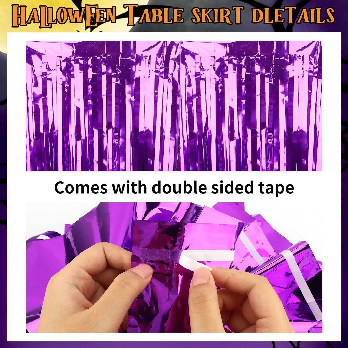 28x106 Inch Purple Sequin Tablecloth for Halloween Decorations, Metallic Tinsel Foil Fringe Table Skirt, Rectangle or Round Tables Decor, Table Cover, Ghost Decorations for Halloween Party