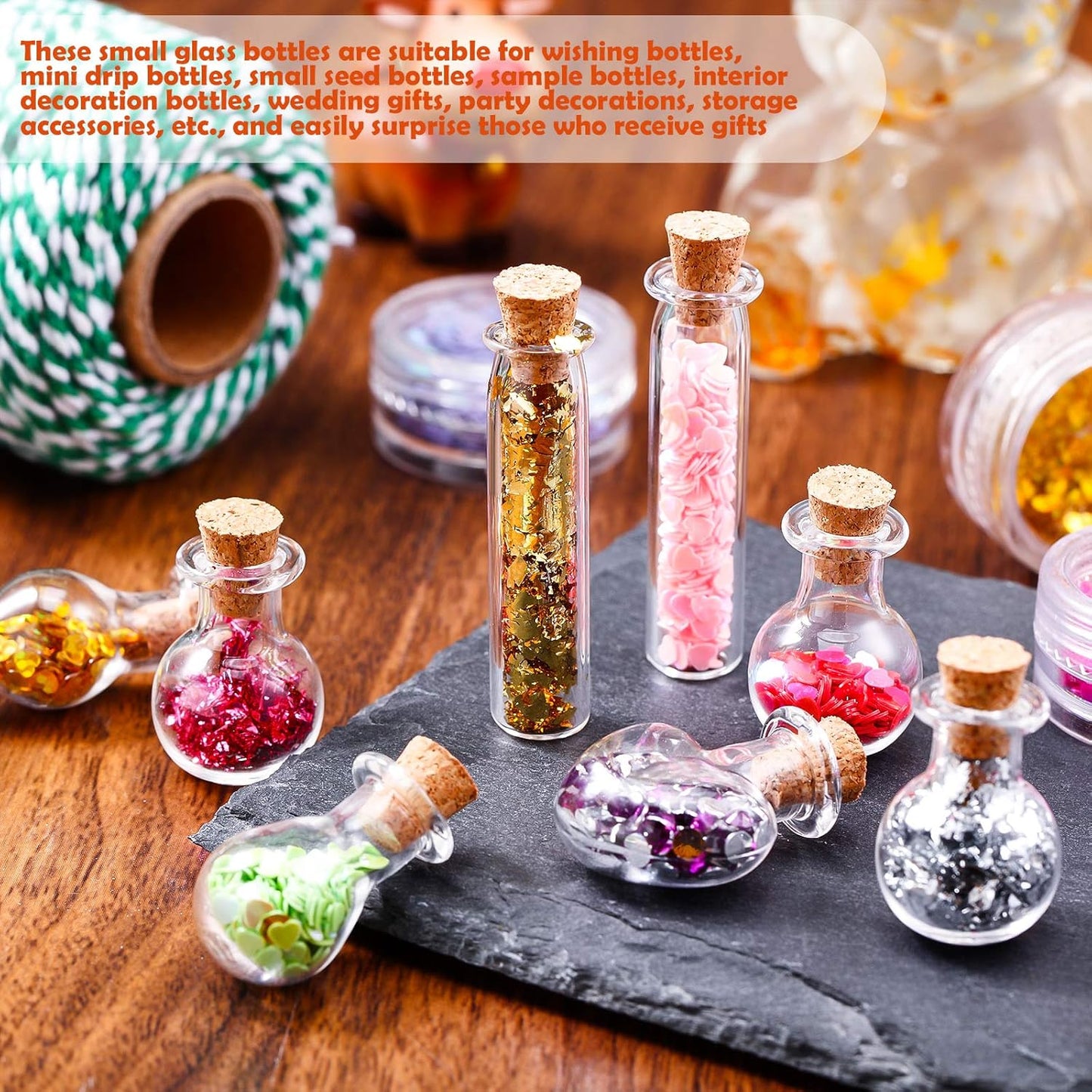 Patelai 50 Pcs Mini Glass Bottles Jars with Cork Stoppers Tiny Cork Glass Bottles Halloween Small Wishing Message Jars DIY Decor for Winter Christmas Party Wedding Baby Shower Favors(Geometric Shape)