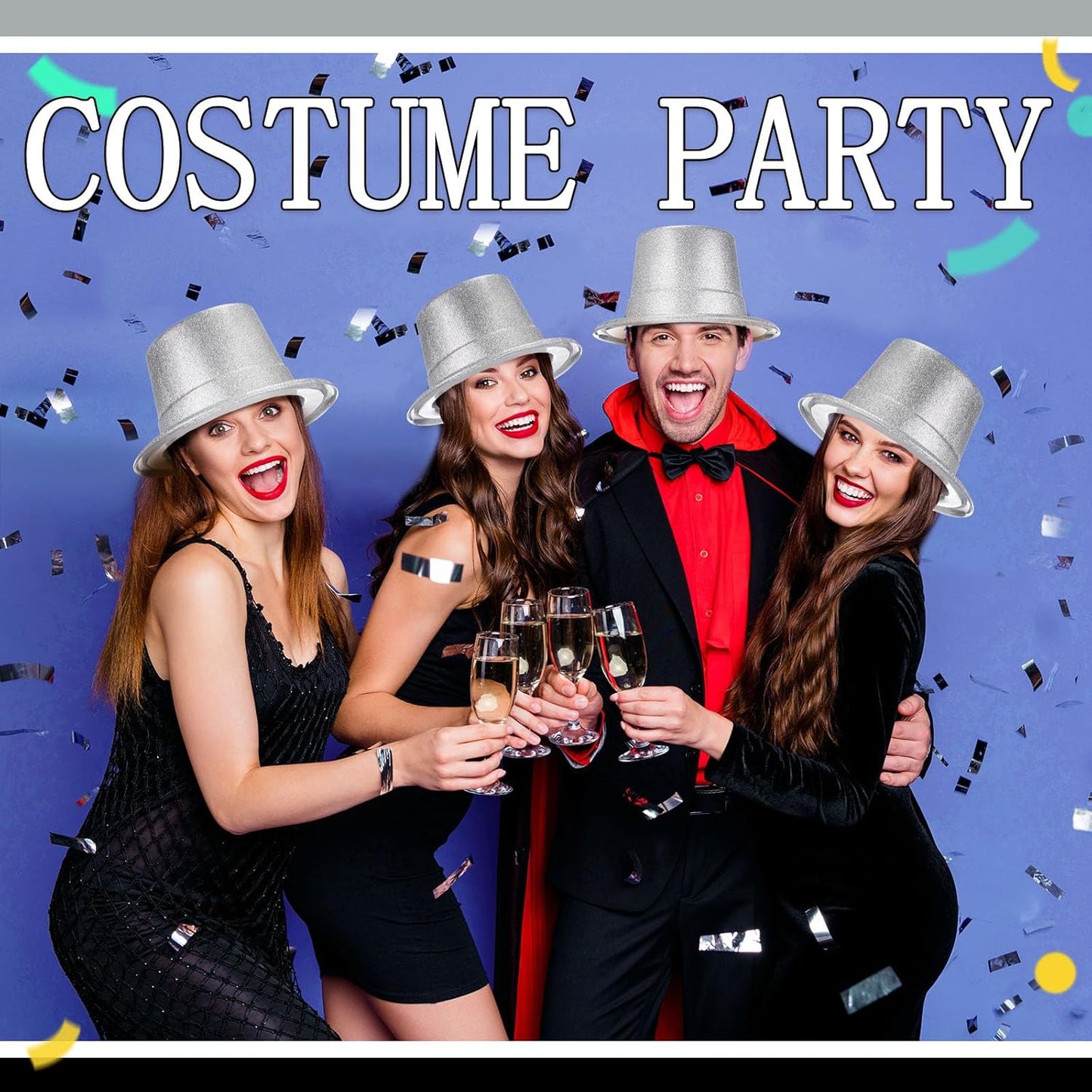 Hillban 12 Pcs Top Hats Halloween Glitter Plastic Retro Disco Party Hats for Halloween Magician Birthday Wedding Carnivals(Silver,Classic)