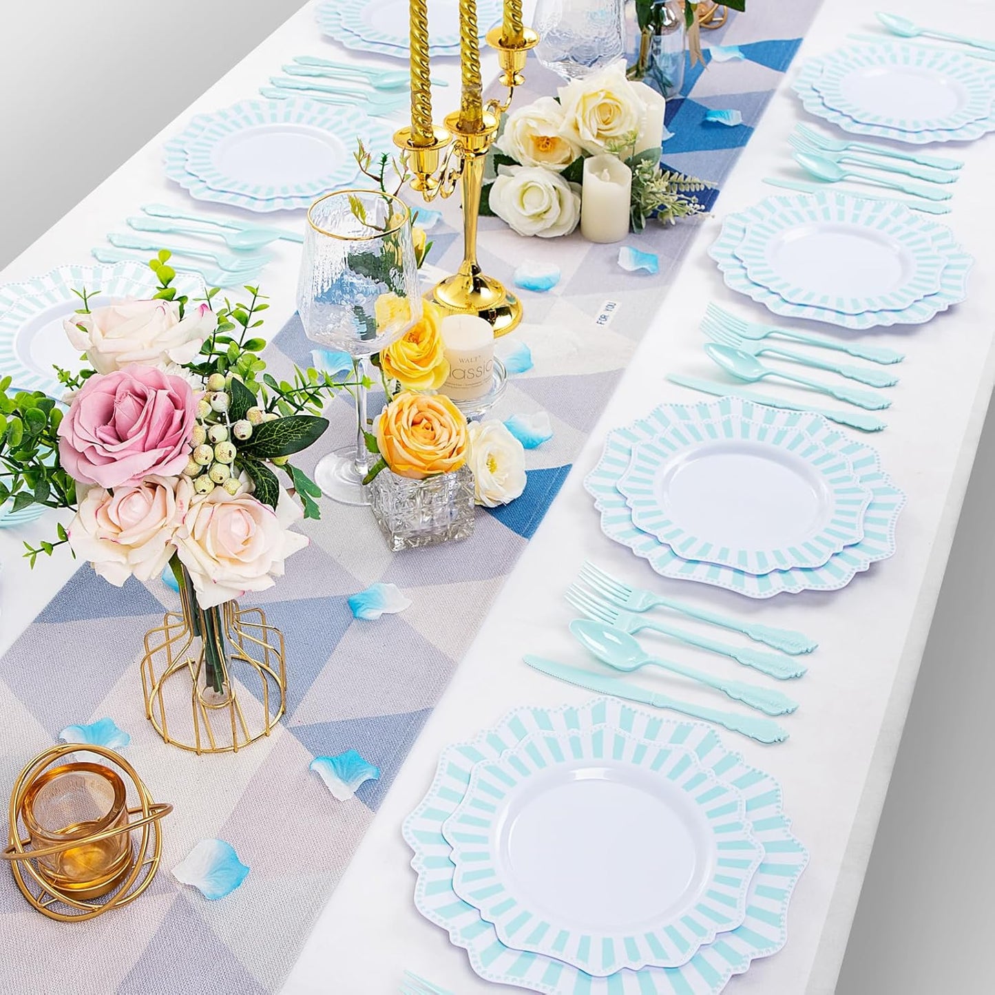 COLOSUS 150pcs Disposable Blue and White Striped Easter Plastic Party Plates and Silverware set, Light Blue Dinner/Dessert Plates silverware serve 30guests for Birthday Wedding Party and Daily use.
