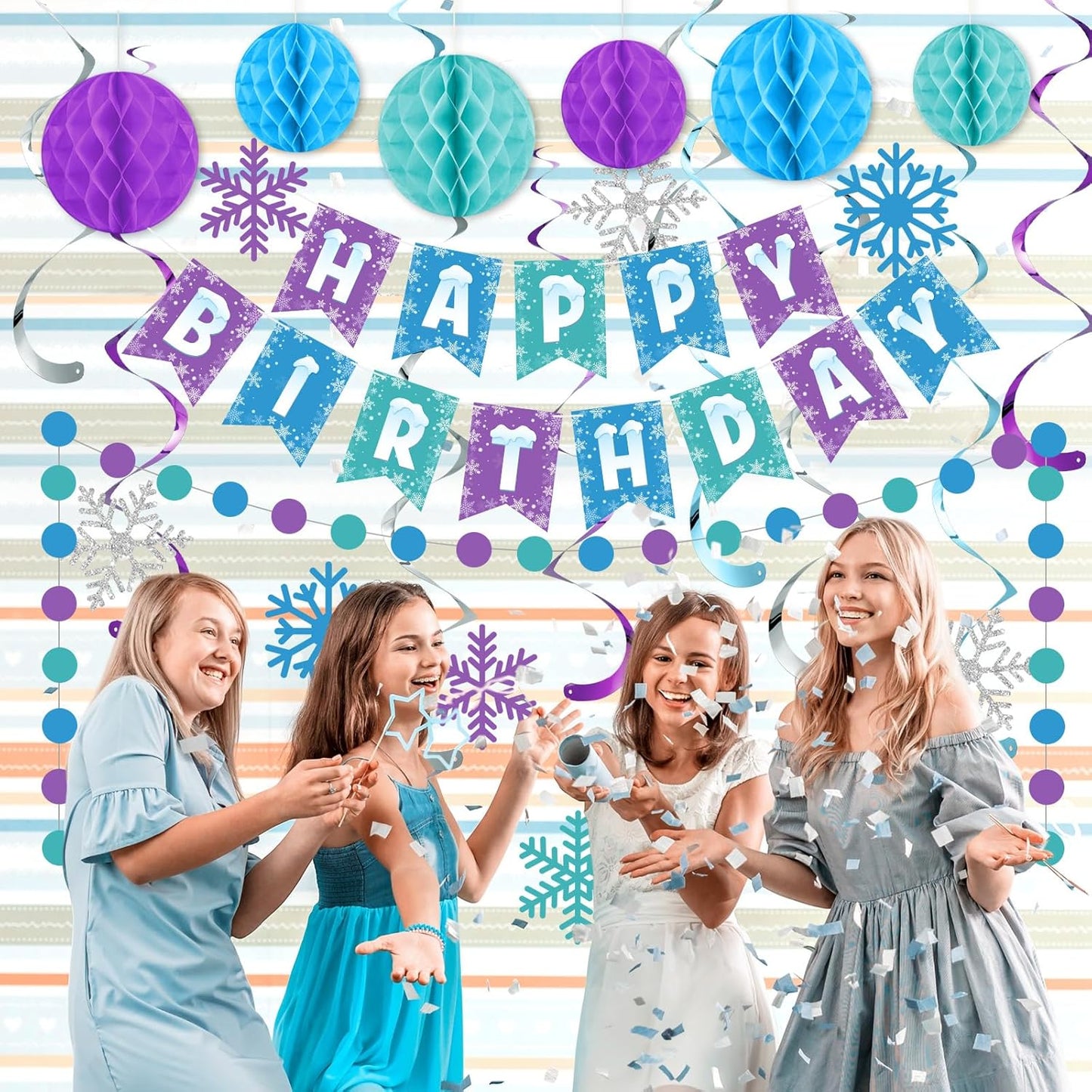Funrous Snowflake Birthday Decorations Happy Birthday Banner Snowflake Hanging Swirls Honeycomb Balls Circle Dots Garland for Winter Princess Party Supplies