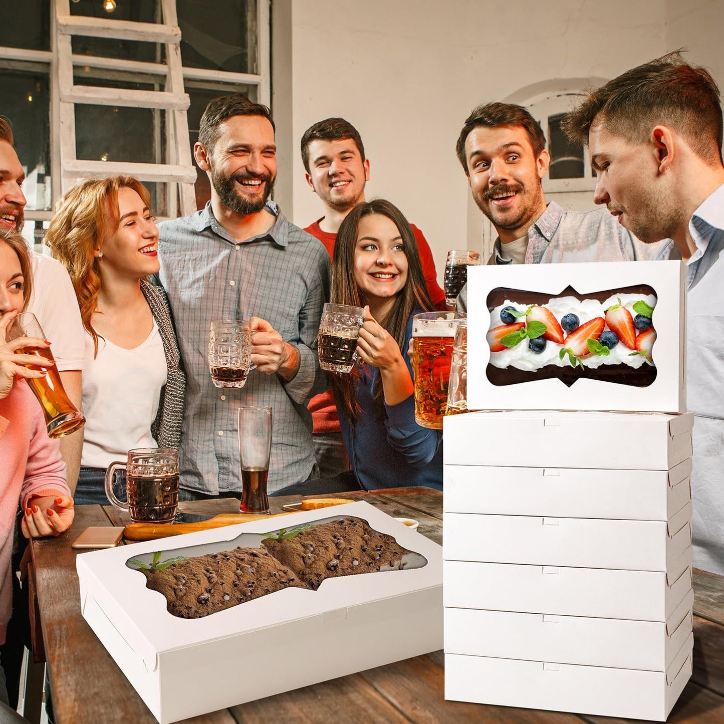 48pcs12x8x2.5 Inches Bakery Boxes,Cookie Boxes with 3Style for Window Bread,Treat,Chocolate,Strawberries,Dessert,Cakes,Donuts,Muffins,pastry