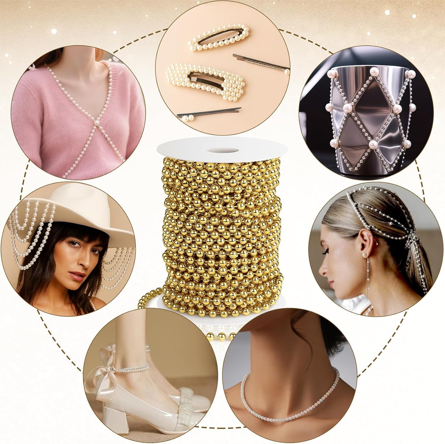 Pearl Beads Garland, 6 MM Gold Faux String of Pearls, Pearl Garland for Christmas Tree 82FT Pearl Beads Strand Spool Bead Roll for Crafts Floral Centerpieces Wedding Party Christmas Tree Decorations