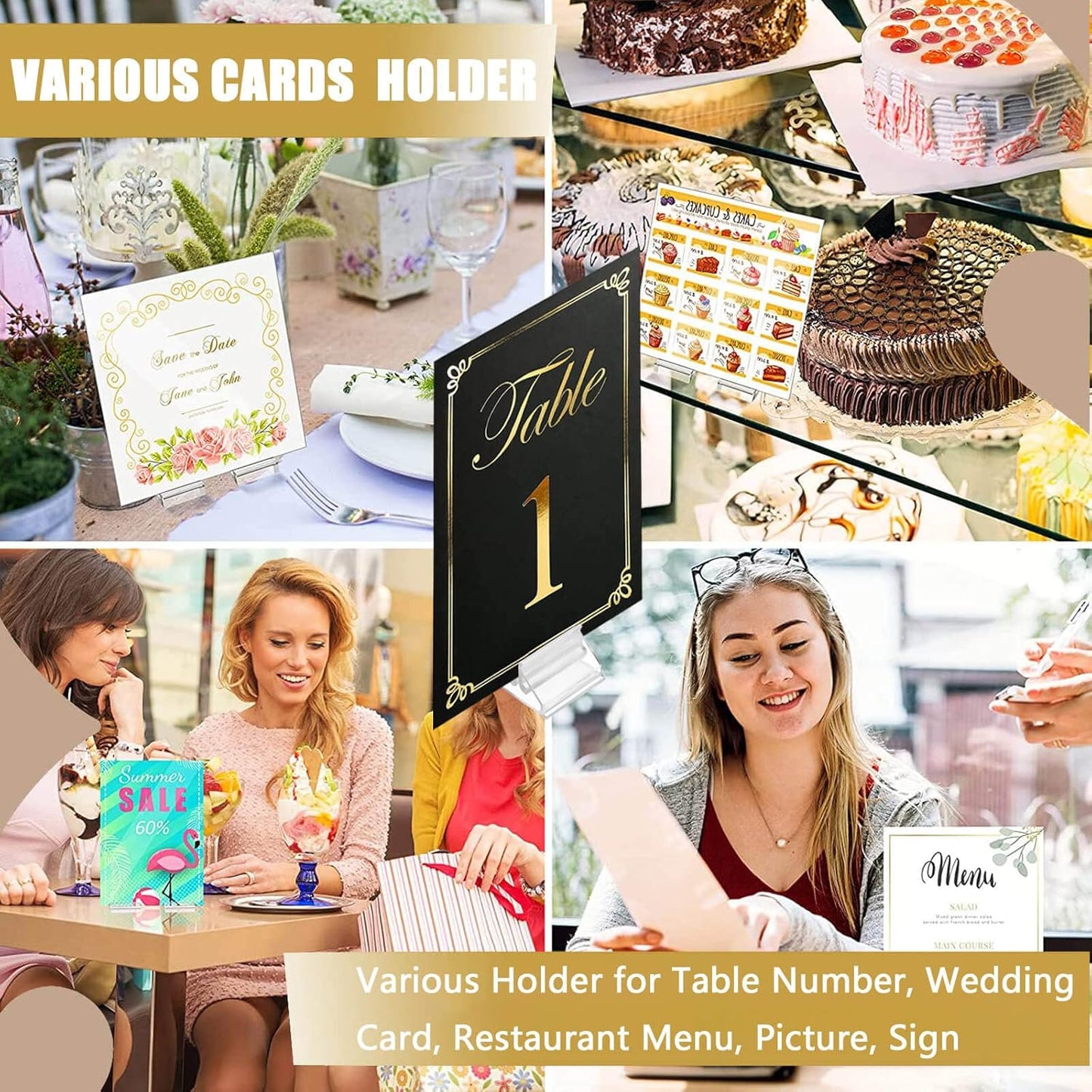Table Number Place Card Playing Card Holders 60 Pack, Small Clear Acrylic Business Card Holder Stand for Display Paper Game Piece Picture Clip Price Board Photo Memo Menus Label Stand Party, 0.75in