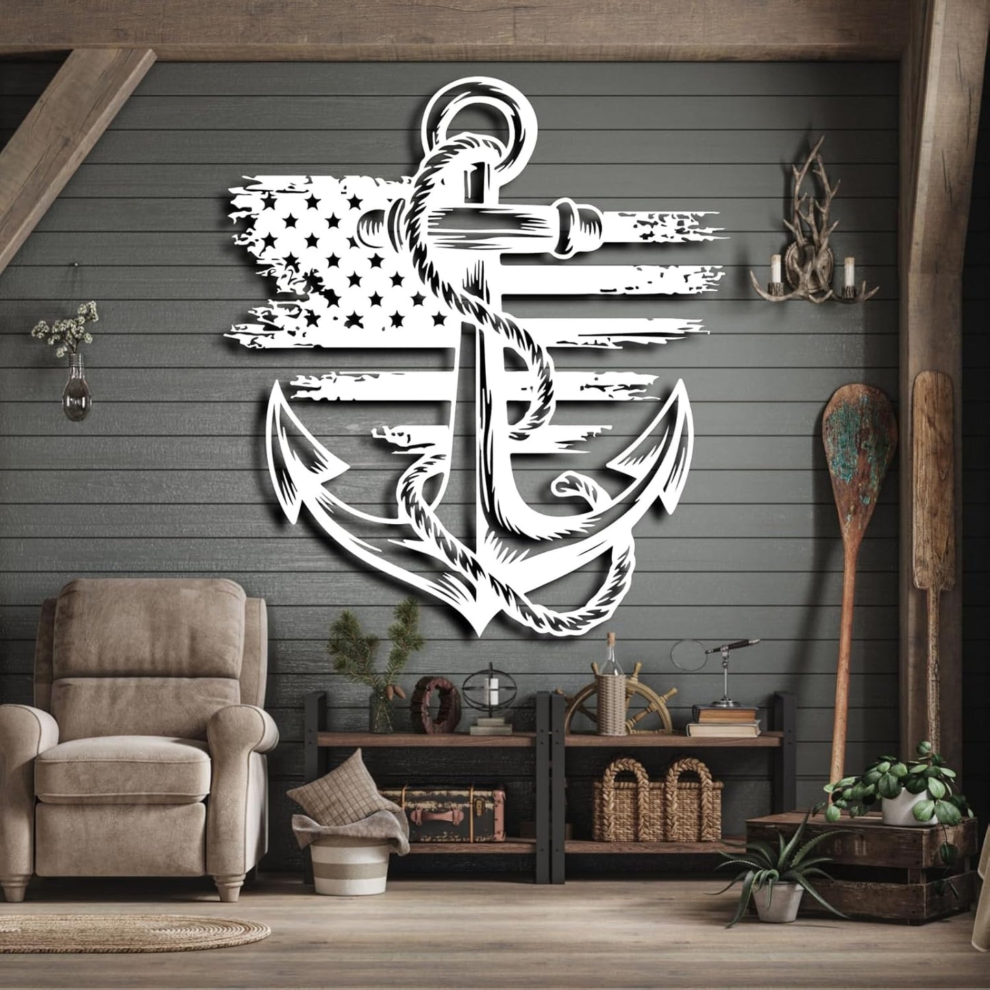 lunwall Metal Anchor Wall Decor, Anchor Metal Sign, Metal Anchor Decor, Anchor Metal Wall Art, Metal Nautical Wall Decor, Metal Wall Decor Coastal, Anchor Wall Decor (silver, 30L x 27W / 76 x 69 cm)