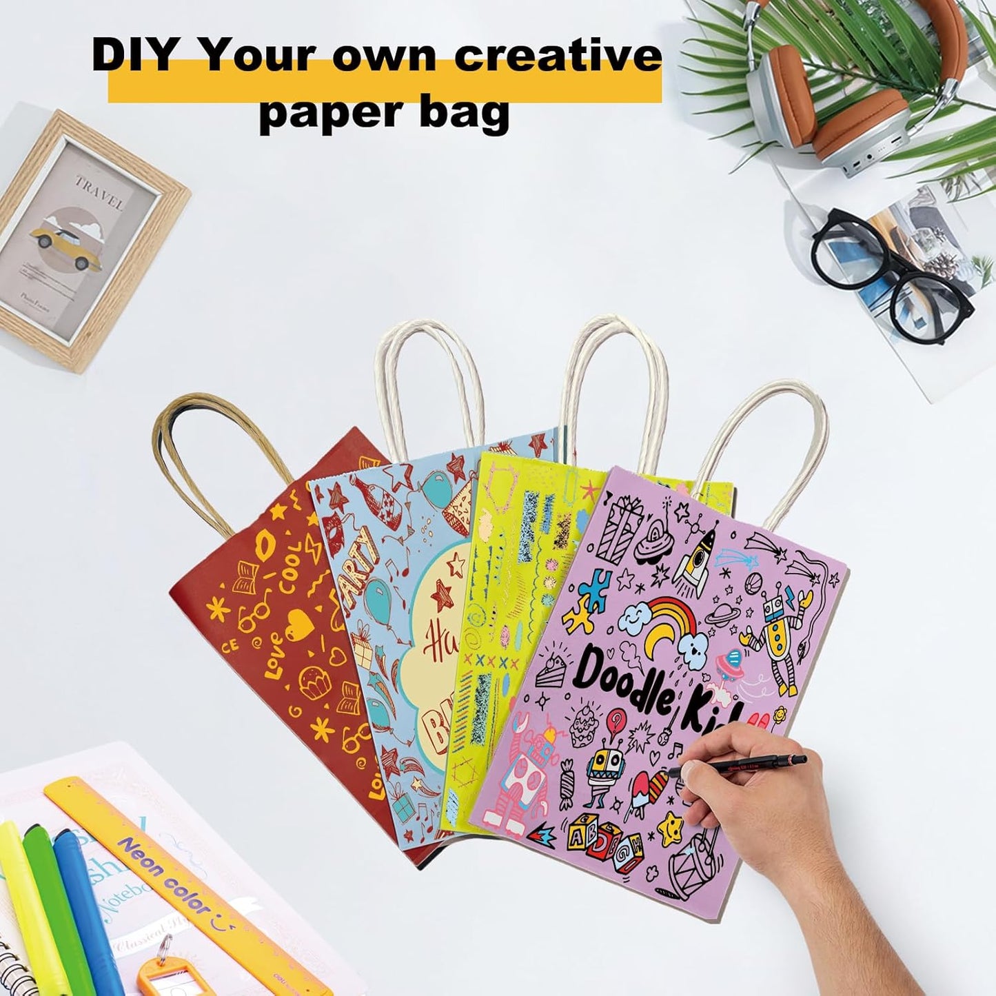 BAG BOX 50 Pack Small 5.9x3.1x8.25 Inch Purple Kraft Paper Gift Bags with Handles for Bulk Shopping, Retail, Craft, Party Favors, Wedding, Grocery & Sacks