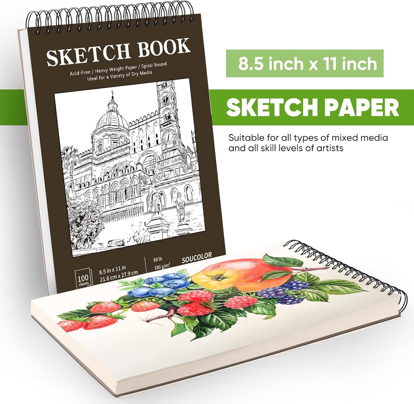 Soucolor Sketchbook 8.5x11 Hard Cover - 100 Sheets Spiral Bound Sketch Pad 8.5" x 11", 68lb/100gsm Thick Drawing Paper 8.5" x 11", Acid-Free Art Notebook for Kids Adults Classroom Teacher Must Have