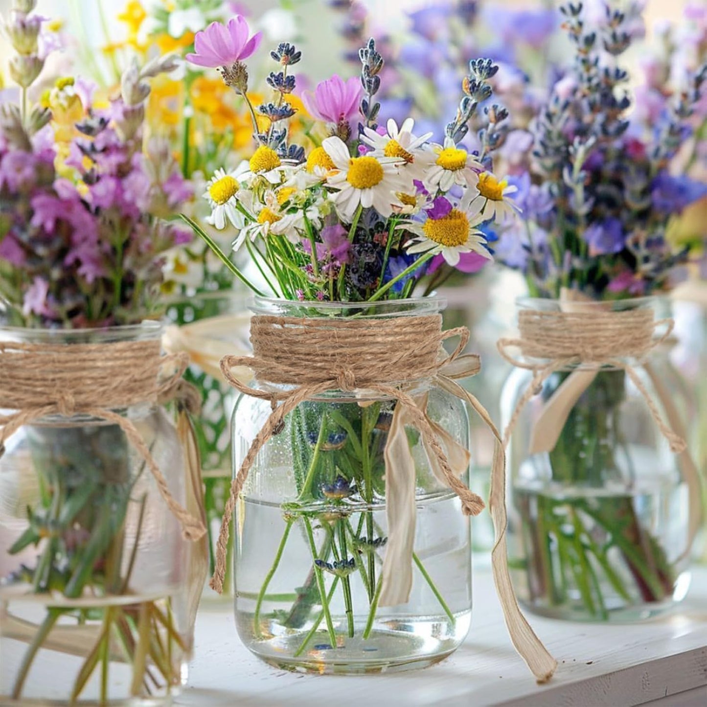 Vintage Glass Flower Vase,24 Pack Farmhouse Transparent White Glass Centerpiece Vases Mason Jars for Weddings, Parties & Home Decor Bulk (24, Transparent)