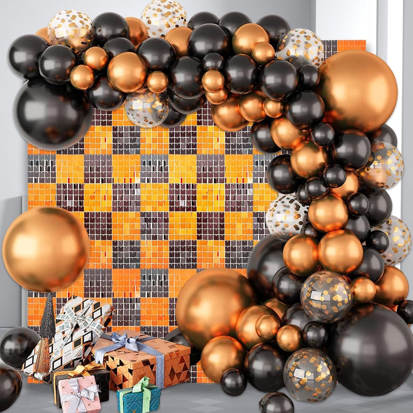24PCS Black Orange Shimmer Wall Backdrop, Halloween Square Sequin Photo Backdrops Panel, Glitter Wall Background for Halloween, Birthdays, Weddings, Christmas, Engagements, Party Decor (4FTx6FT)