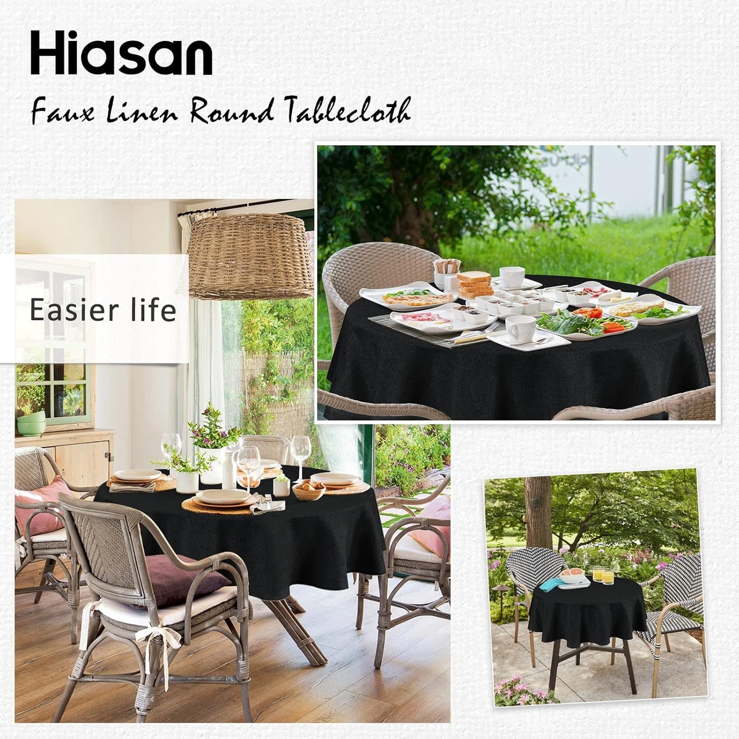 Hiasan Round Linen Tablecloth 120 Inch - Wrinkle and Stain Resistant Washable Polyester Fabric Table Cloth for Dining Room Kitchen Party, Black