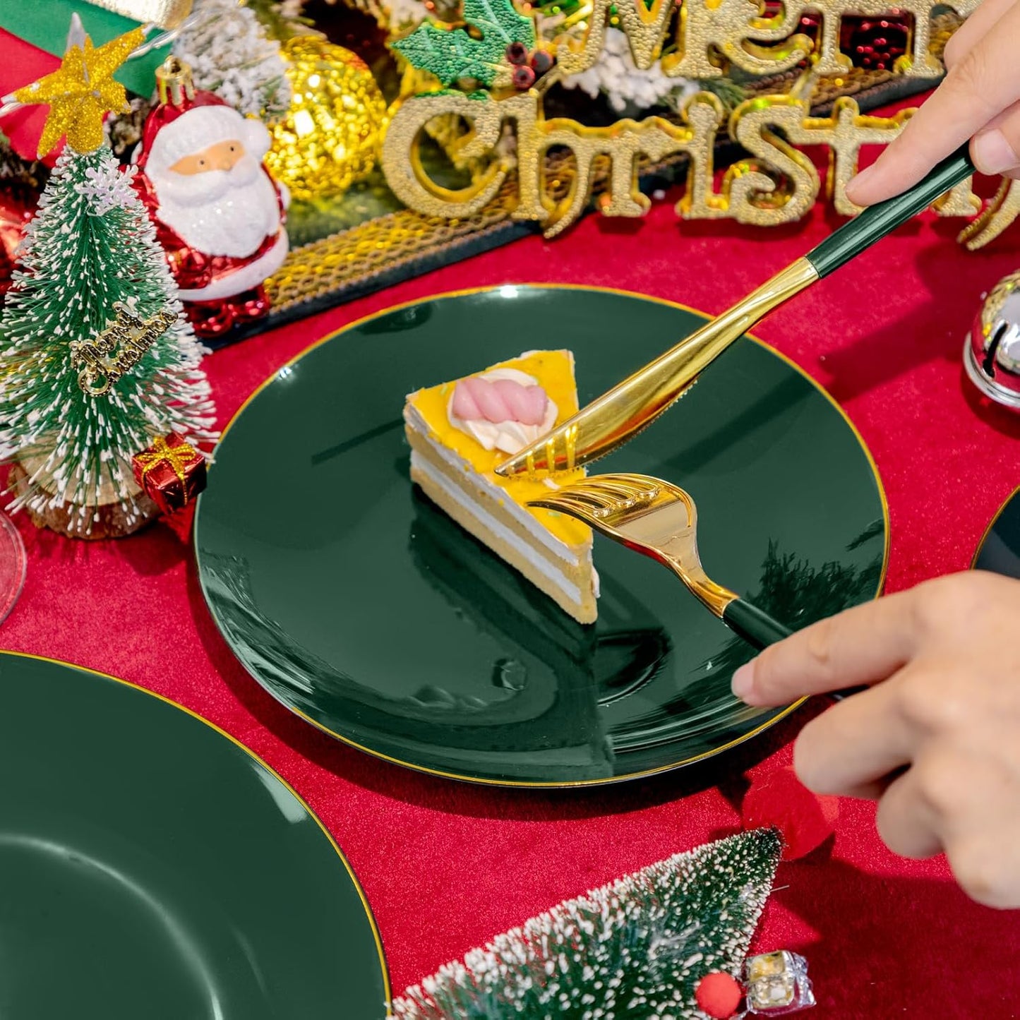Liacere 150PCS Green Plastic Plates - Gold Plastic Silverware with Green Handle - Heavy Duty Fancy Plastic Plates Disposable Include 30 Guests Plates, Forks, Spoons, Knives for wedding&Labor Day