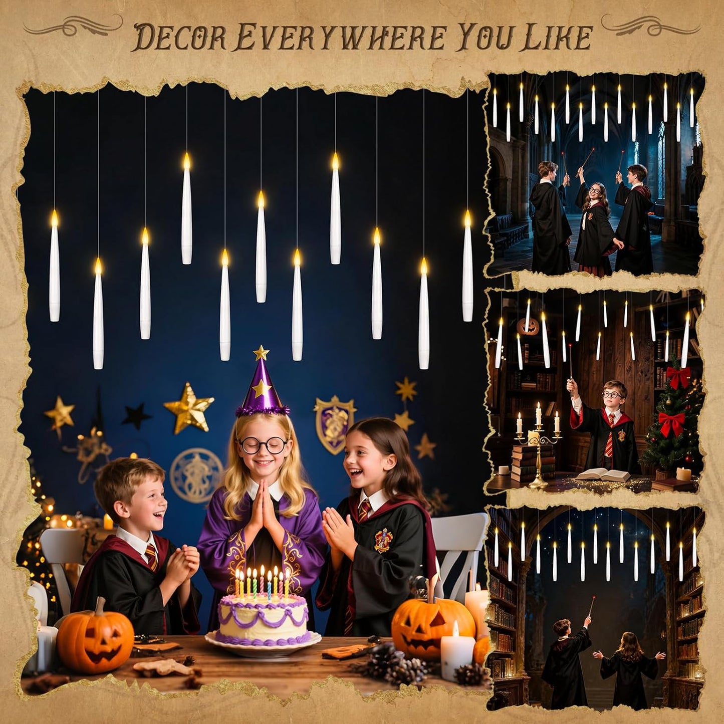 Halloween Decorations, 12 Pcs Floating Candles with Wand Remote, Battery (indluded) Operated Magic Wand Hanging LED Candles, Flameless Flickering Taper Candles for Halloween Christmas Decor Birthday