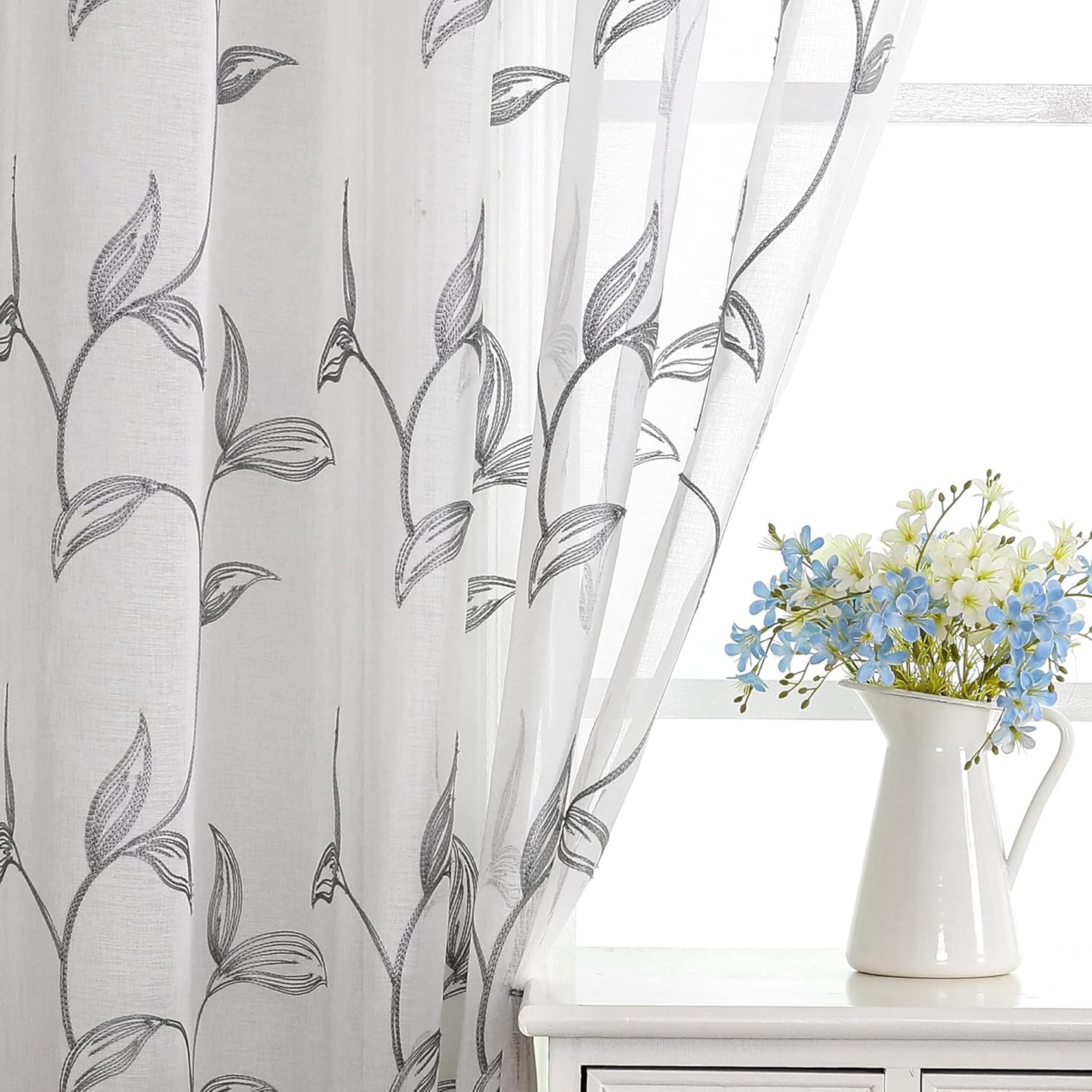 VISIONTEX Sheer Curtains 108 Inch Length 2 Panels, Decor Iron Grey Vine Leaves Embroidery on White Voile Pair, Accent Semi Window Drapes for Kitchen, Living Room and Bedroom, 54" W x 108" L