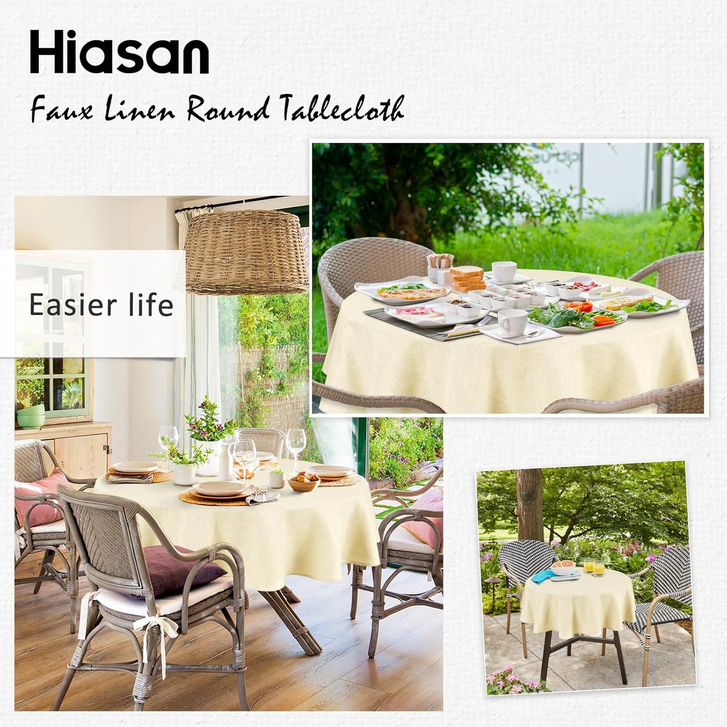 Hiasan Linen Tablecloth 90 Inch Round - Wrinkle and Stain Resistant Washable Polyester Fabric Table Cloth for Dining Room Kitchen Party, Champagne