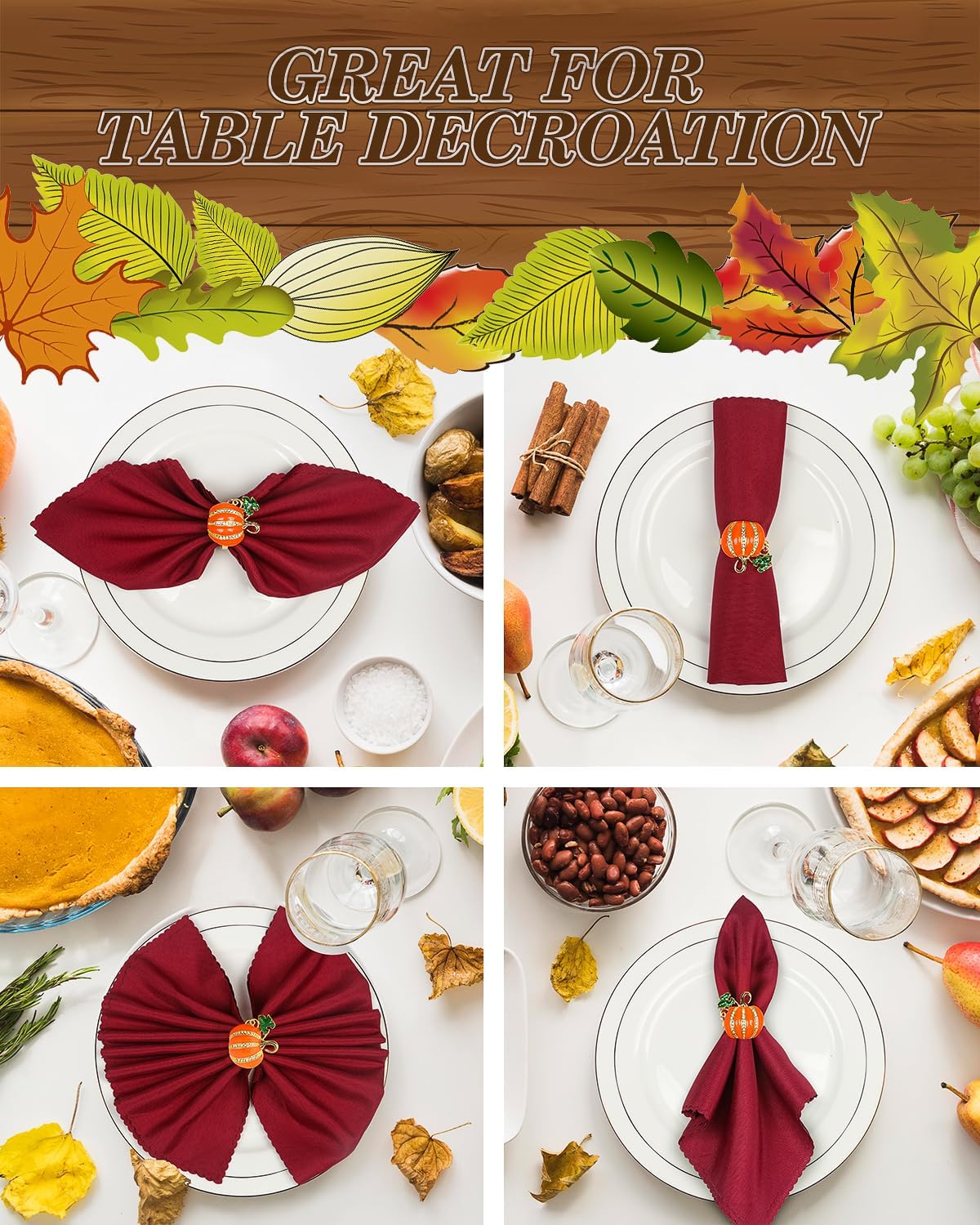KPOSIYA Fall Napkins Rings, 6 Pcs Thanksgiving Napkin Ring Fall Maple Leaf Napkin Rings and Halloween Pumpkin Napkin Holders for Thanksgiving Table Decorations, Fall Banquet, Holiday Dinner Party